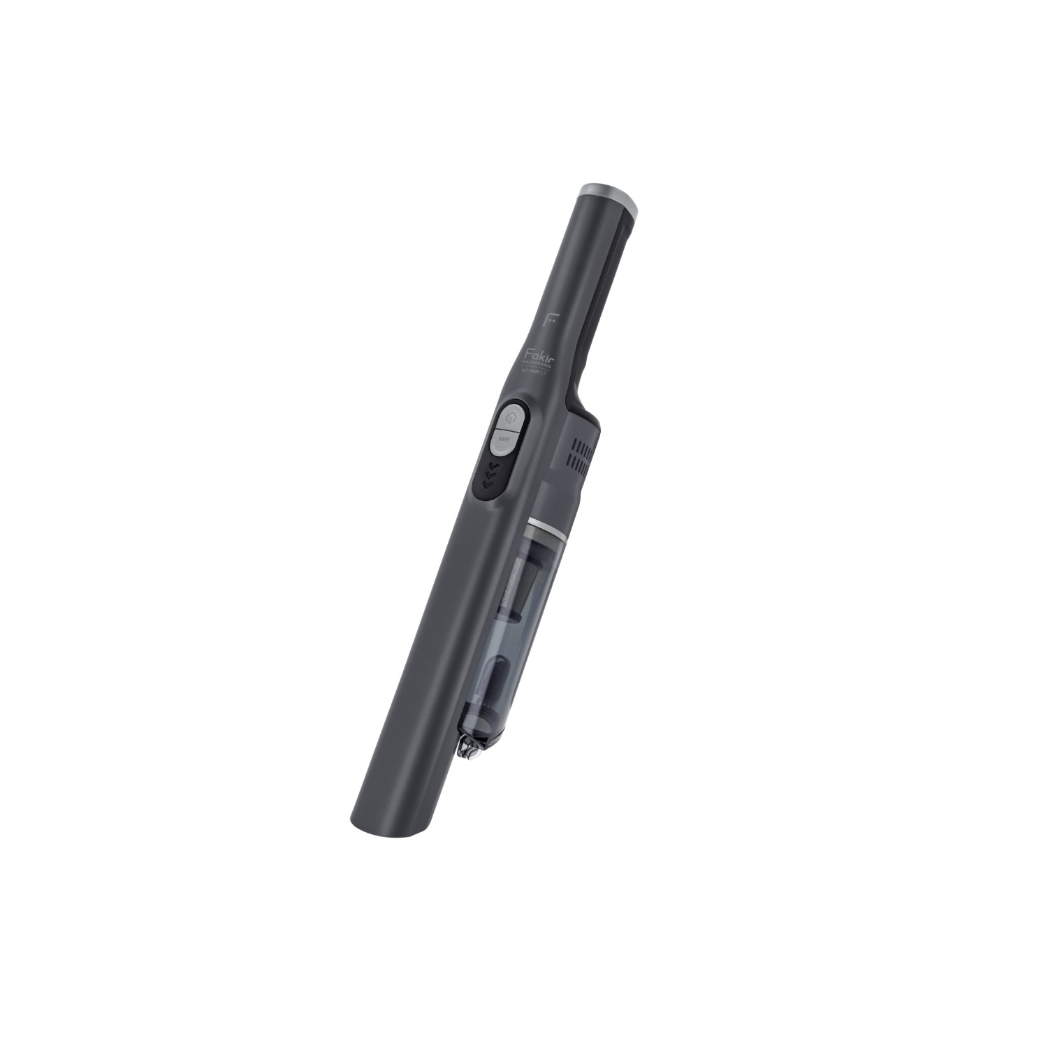 Un elegante aspirapolvere portatile grigio con contenitore trasparente su sfondo bianco.