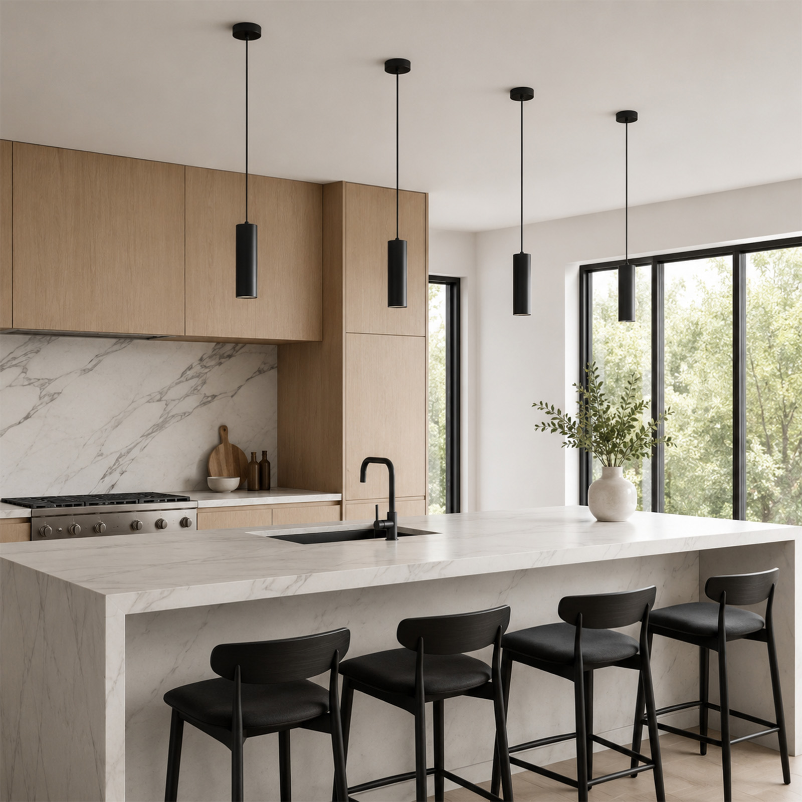 Cocina moderna con gabinetes de madera, isla de mármol, taburetes negros y cuatro lámparas colgantes.