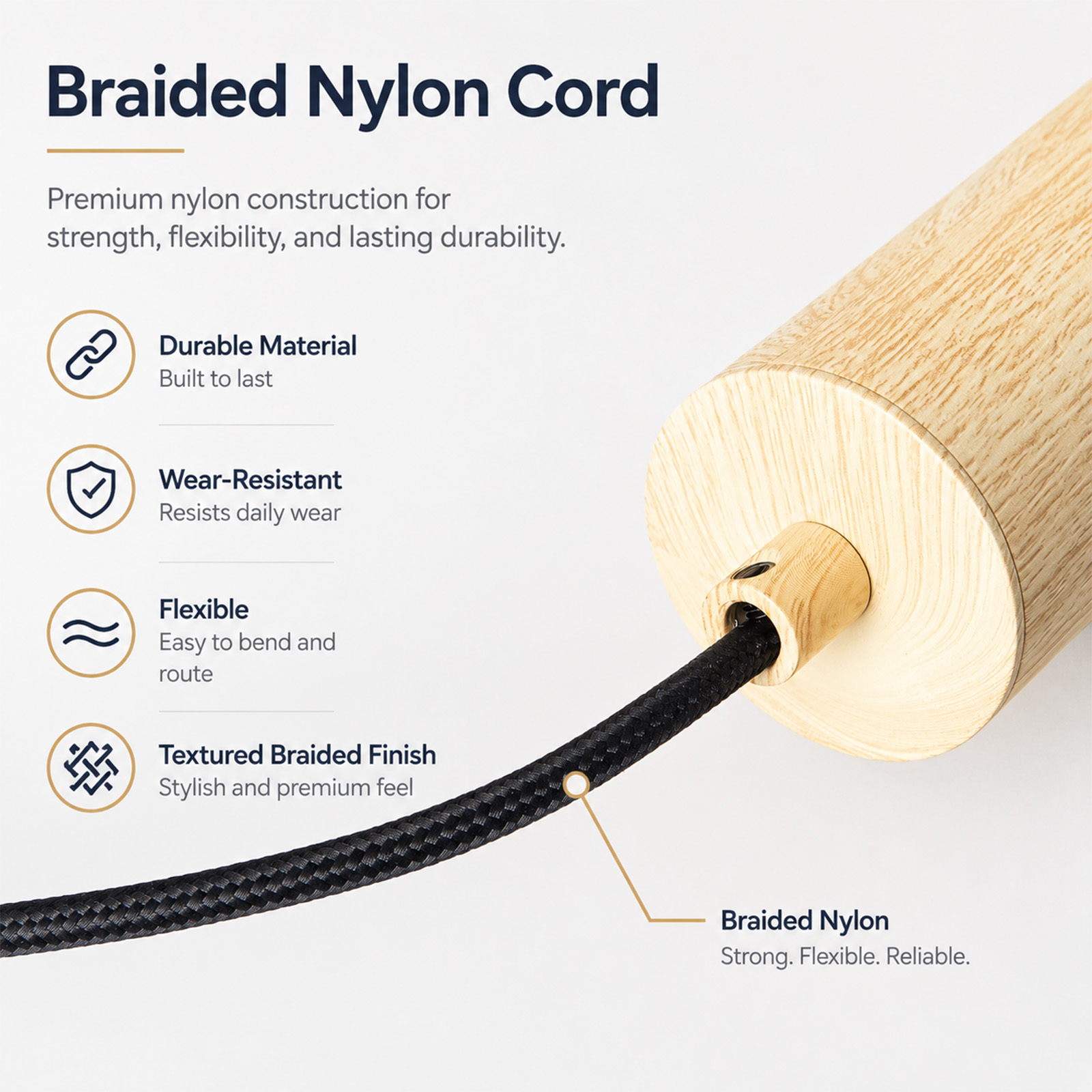Gráfico de producto que destaca un cordón de nailon trenzado negro conectado a un cilindro de madera clara.