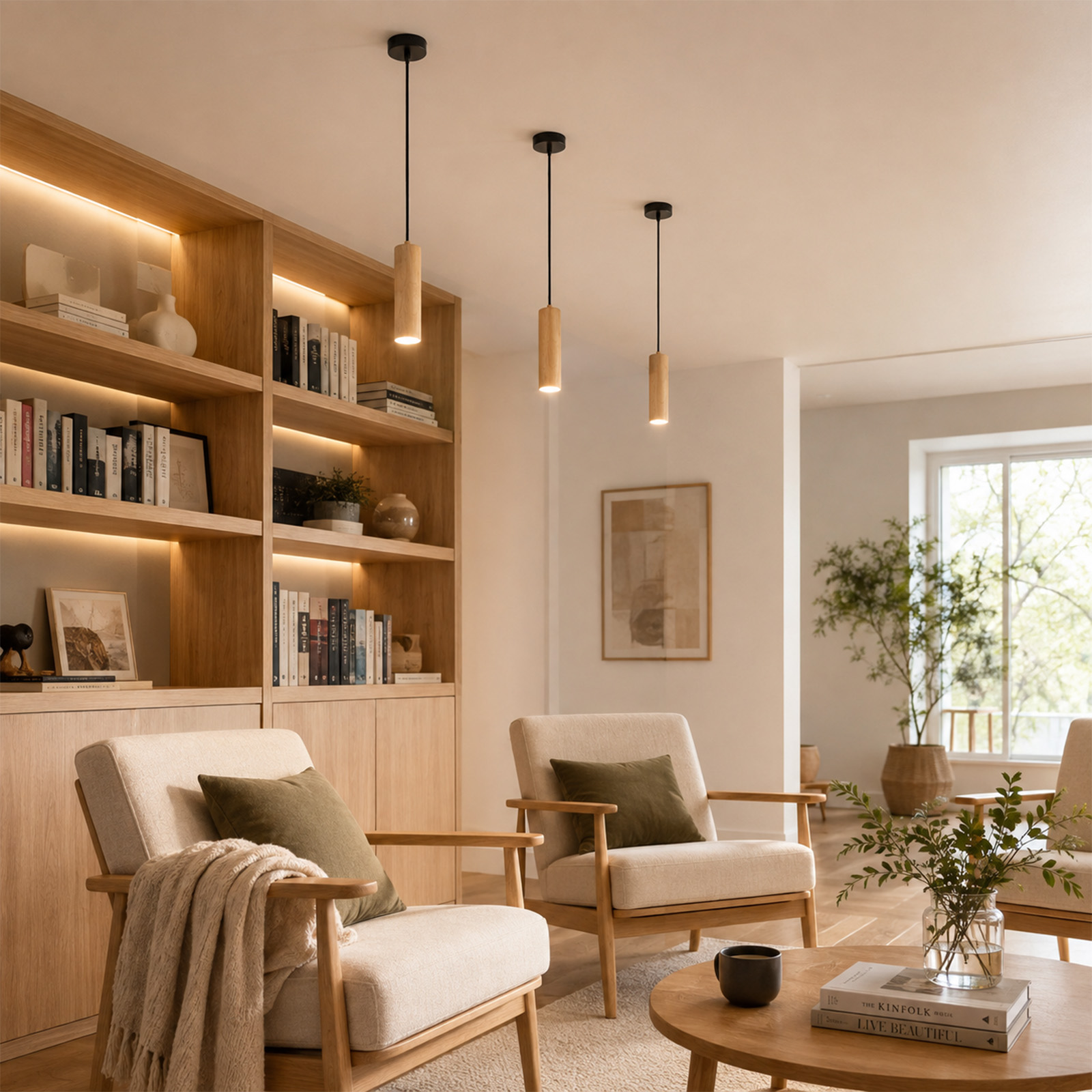 Acogedora sala con muebles de madera, sillones beis, estantes iluminados y tres lámparas colgantes modernas.