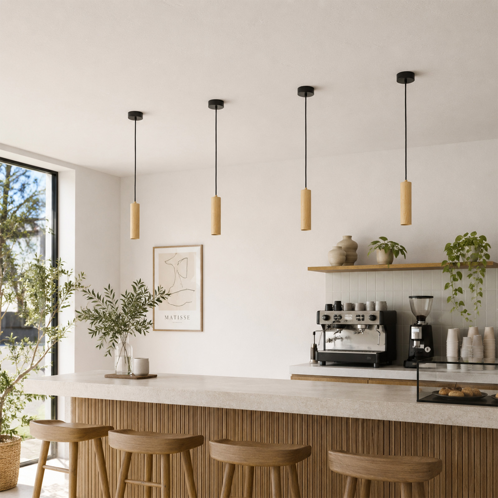 Bar de café moderno con cuatro lámparas colgantes de madera, taburetes y cafetera.