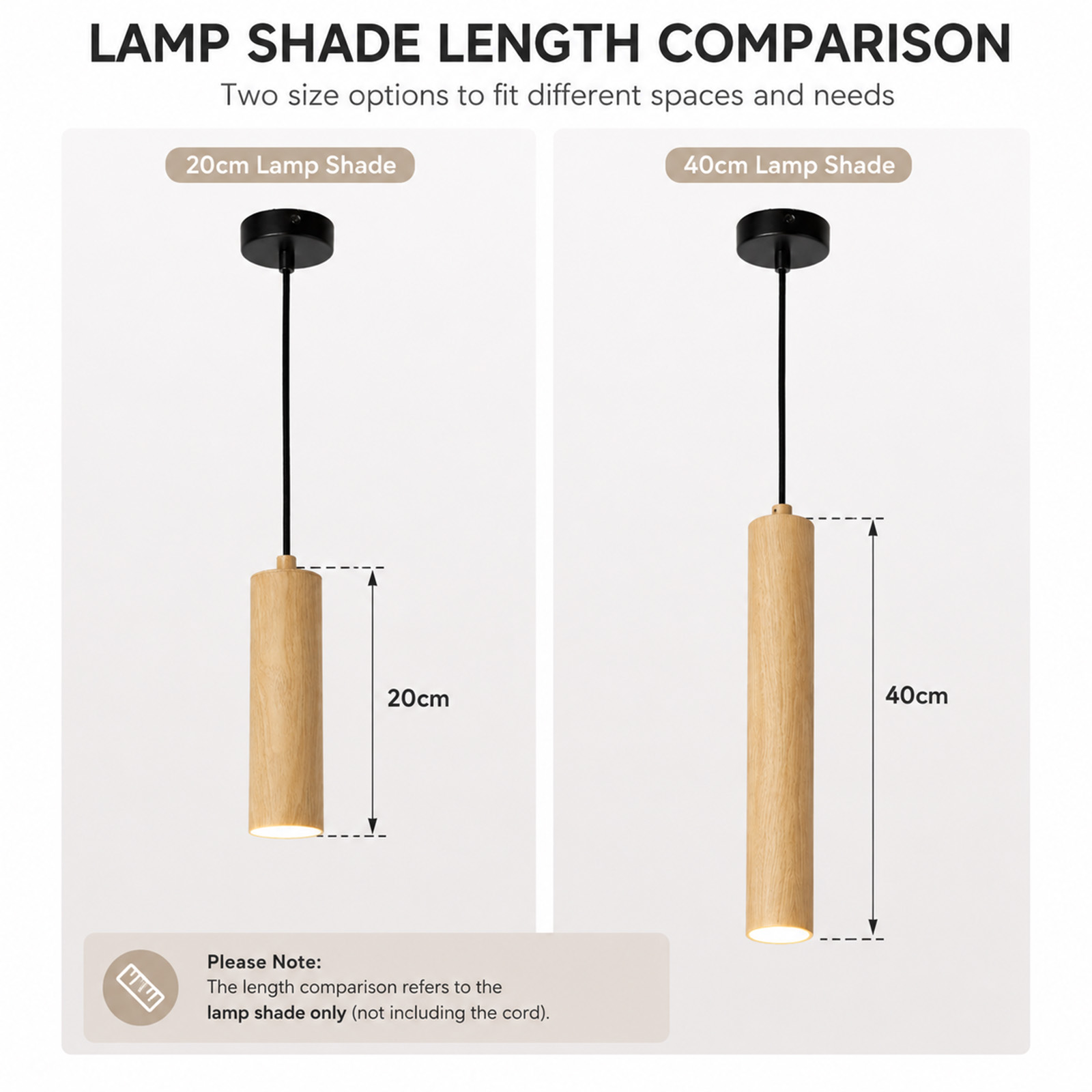 Comparación de pantallas de lámpara cilíndricas de madera de 20cm y 40cm con cables negros sobre fondo blanco.