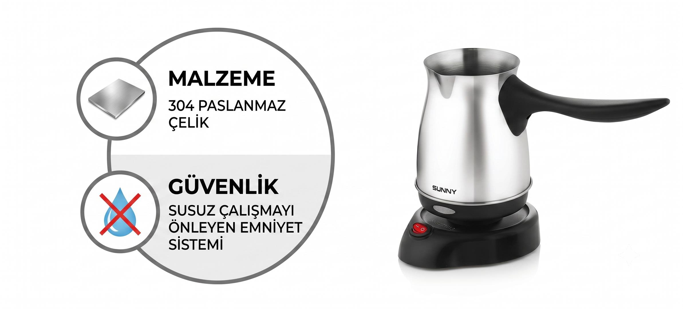 Siyah taban üzerinde paslanmaz çelik Türk kahvesi makinesi, sol tarafta malzeme ve güvenlik simgeleriyle.