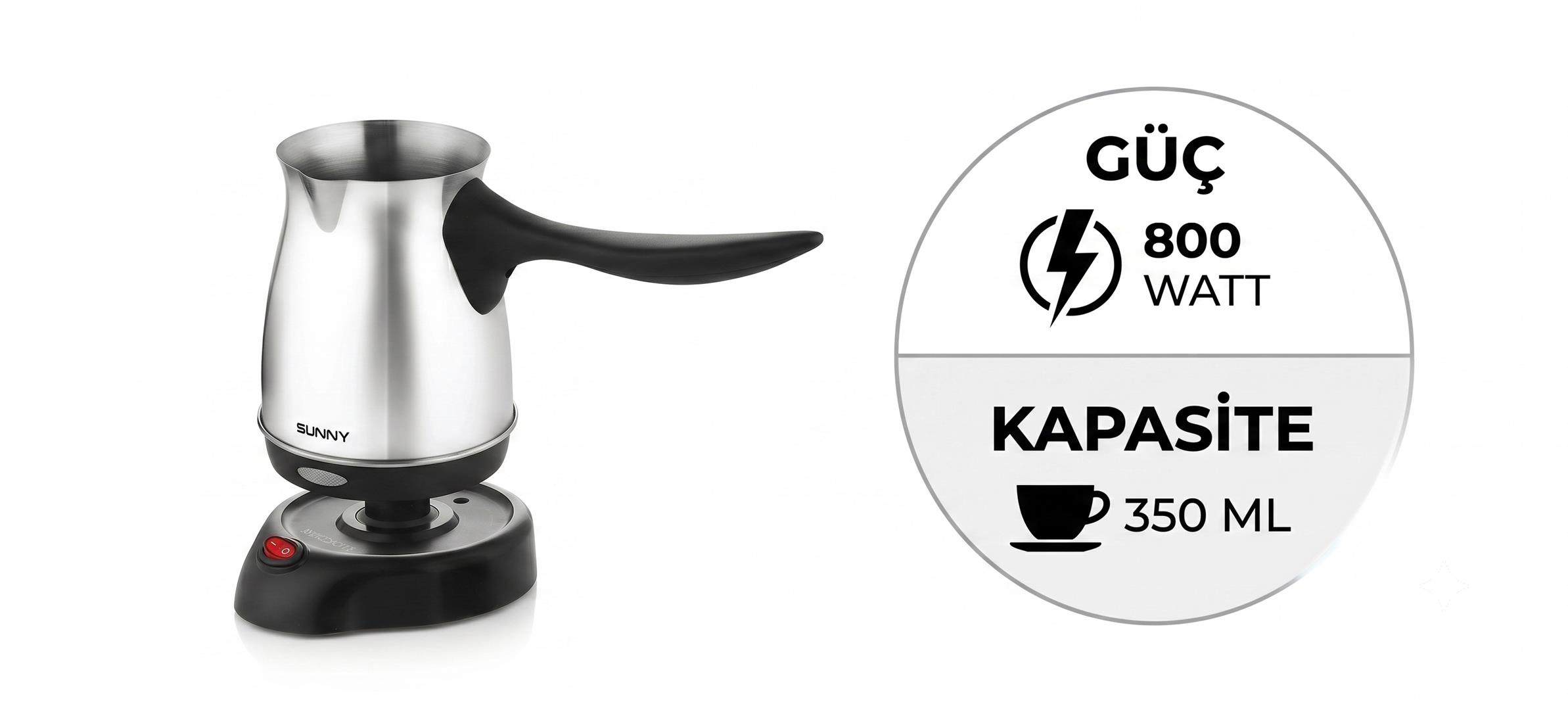Siyah tabanlı, 800 watt ve 350 ml göstergeli çelik kahve cezvesi.
