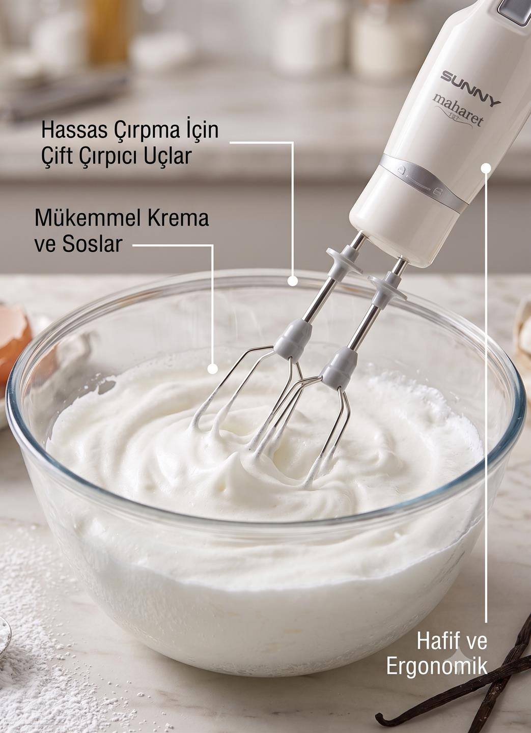 Çift çırpıcı uçlu beyaz el mikseri, tezgâhtaki cam kasede krema karıştırıyor; üzerinde Türkçe açıklamalar var.