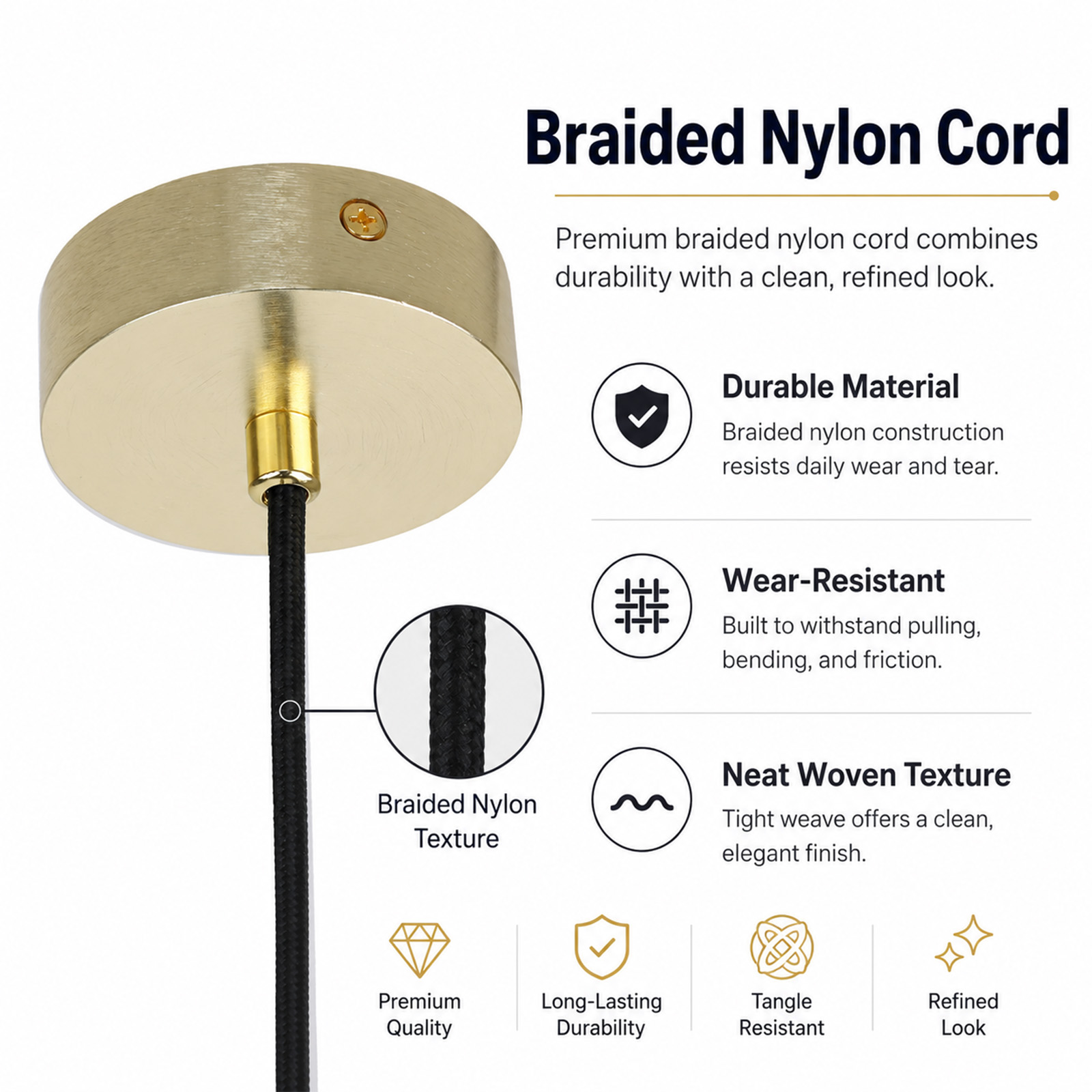 Dosel de techo dorado con cable de nailon trenzado negro y texto descriptivo.