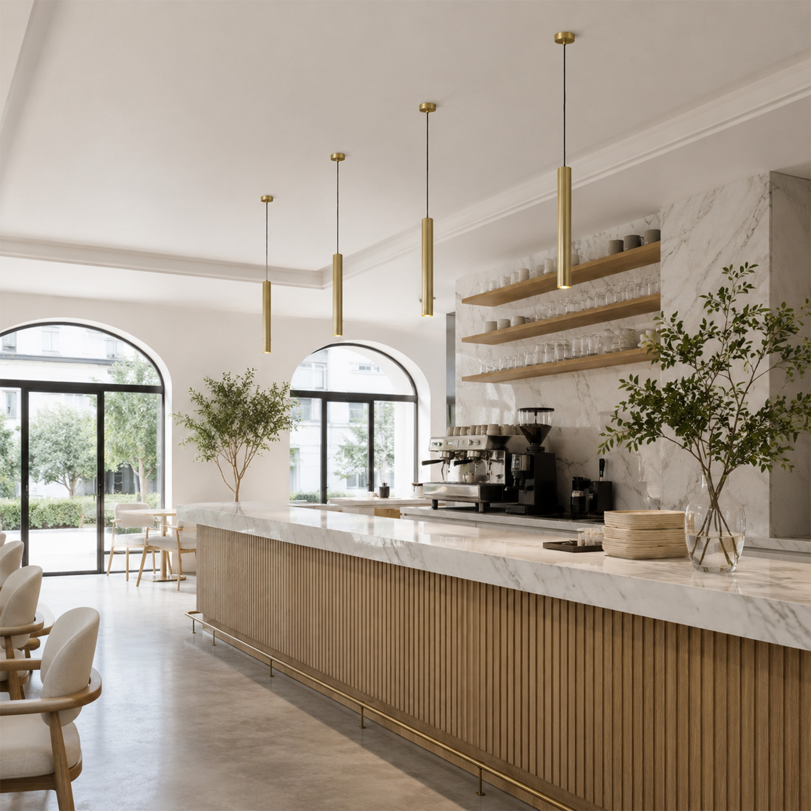 Bar de café moderno con barra de mármol, paneles de madera, luces colgantes doradas y grandes ventanas arqueadas.
