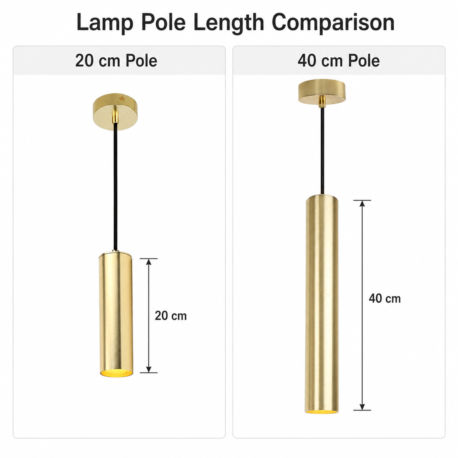 Comparación de dos lámparas colgantes doradas de 20 cm y 40 cm de largo.