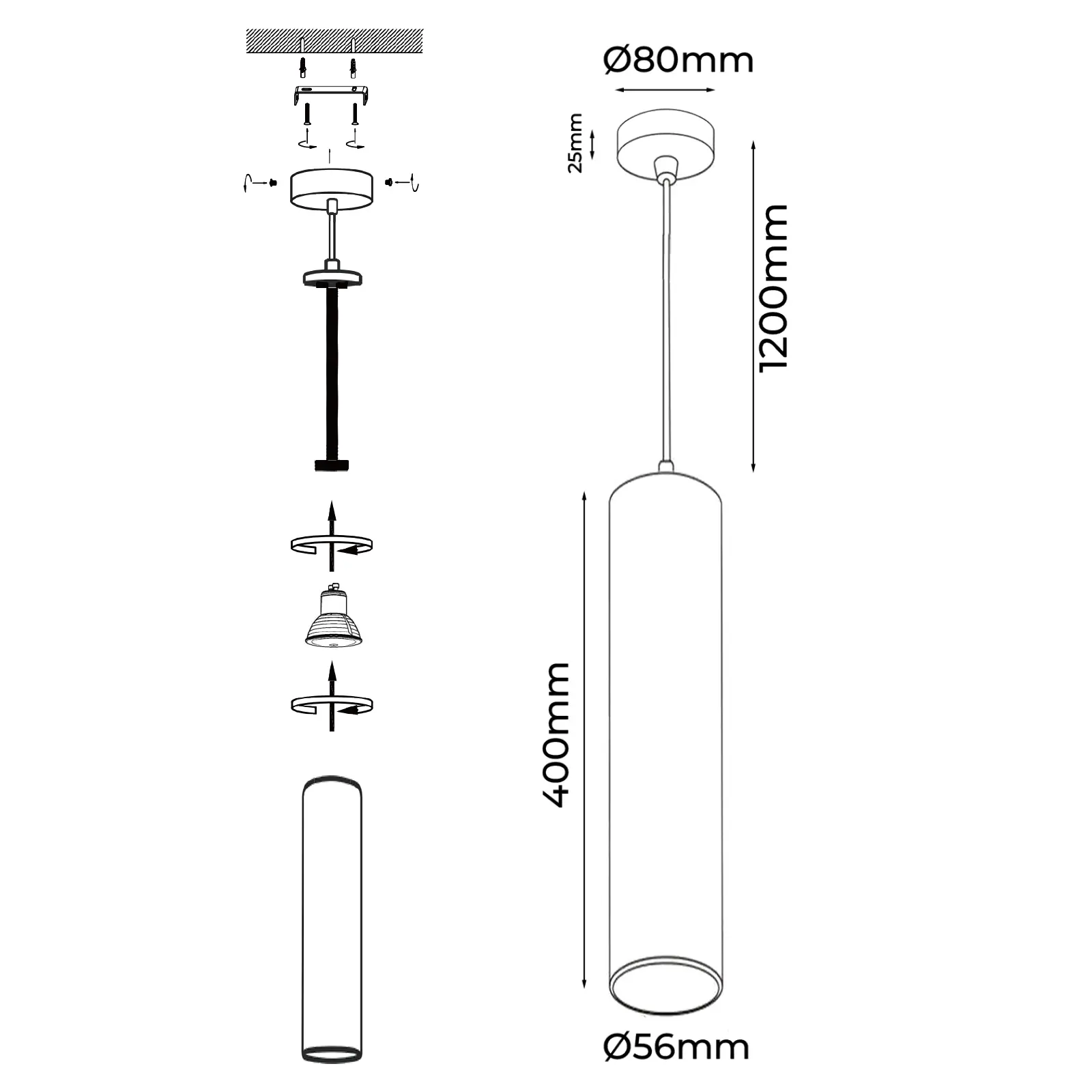 Dibujo técnico de una lámpara colgante cilíndrica con dimensiones e instrucciones.