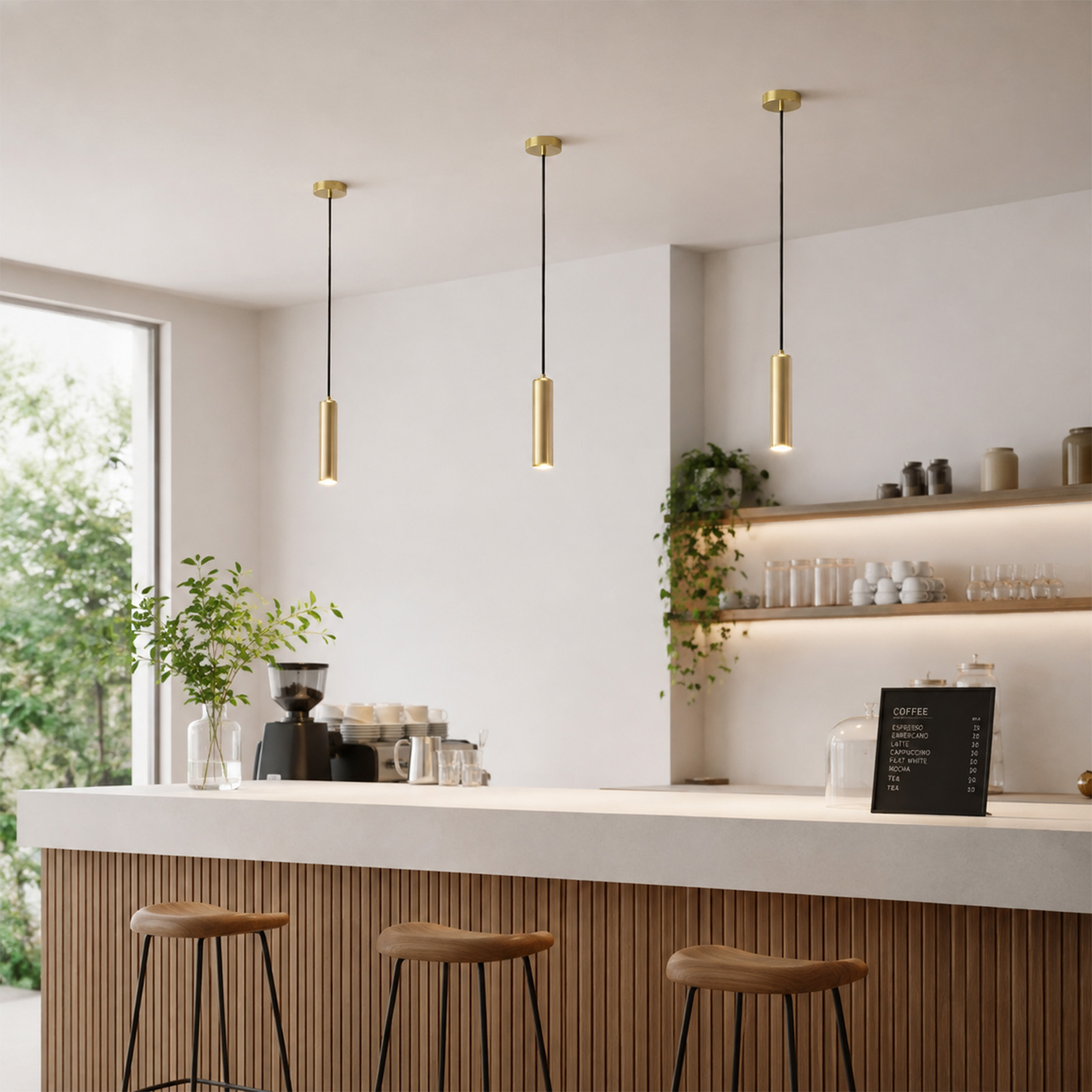 Un interior de cafetería minimalista con barra de madera, tres lámparas colgantes doradas y plantas.