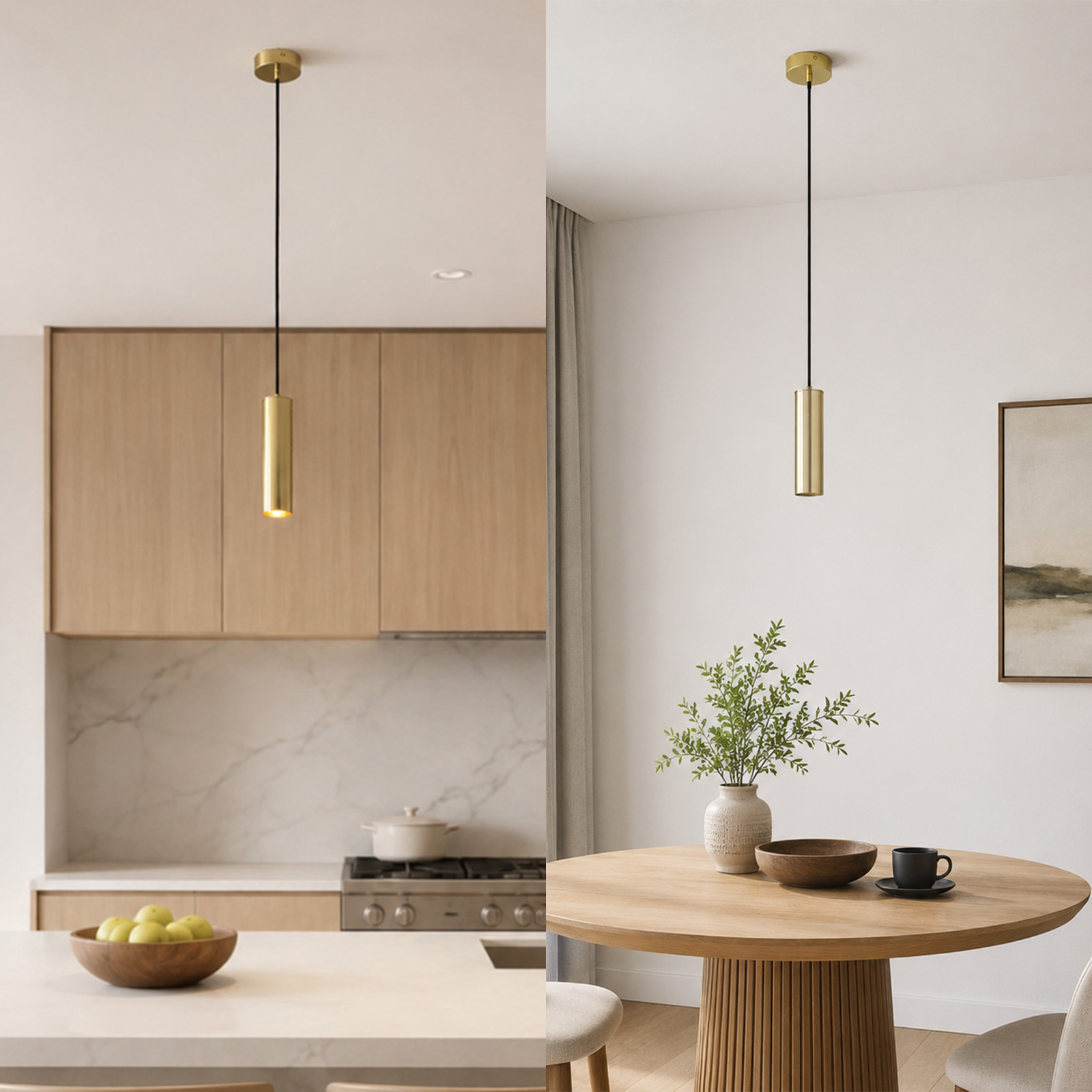 Lámpara colgante cilíndrica dorada en una cocina moderna y comedor con mesa de madera.