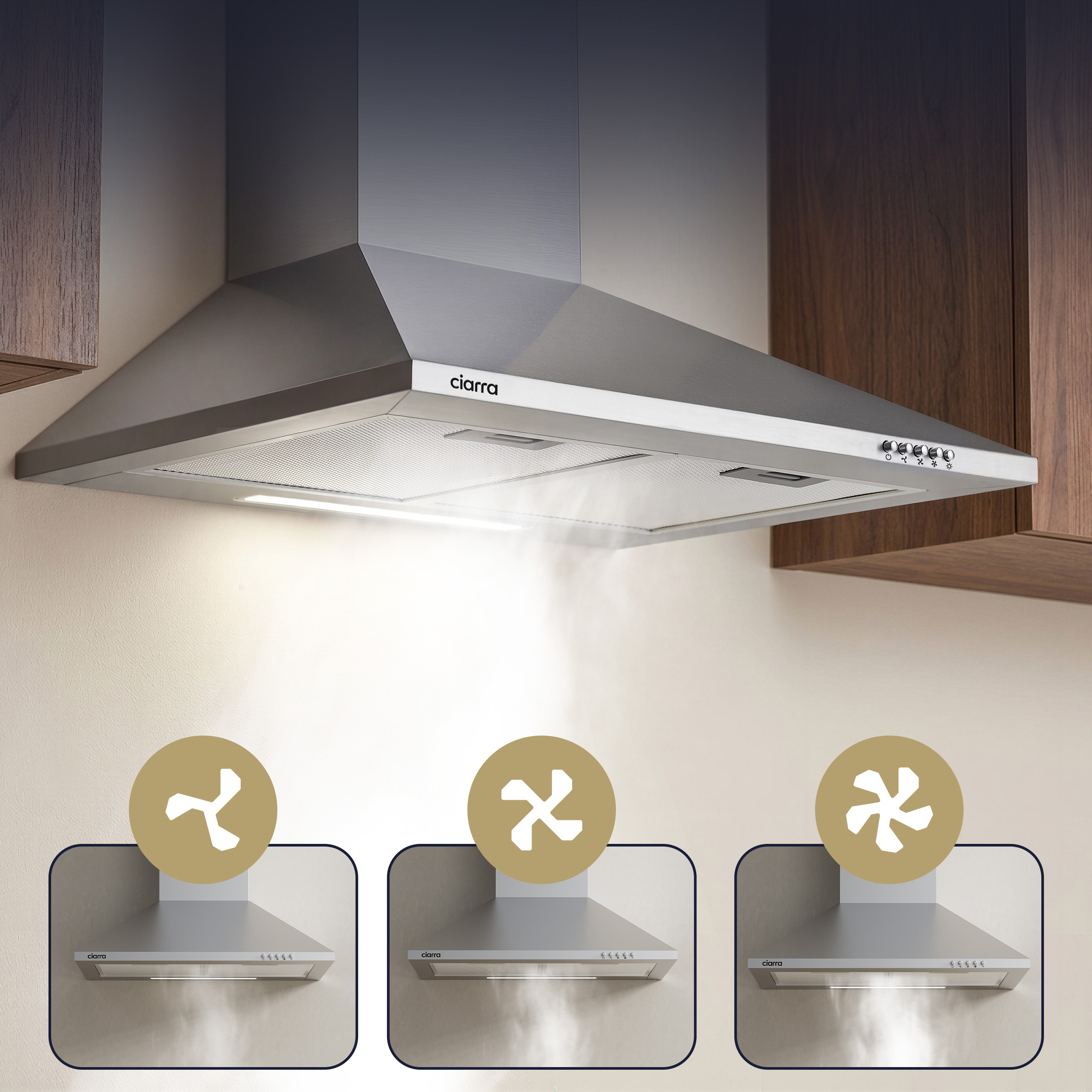 Cappa da cucina in acciaio inossidabile con vapore e tre riquadri che mostrano diverse velocità.