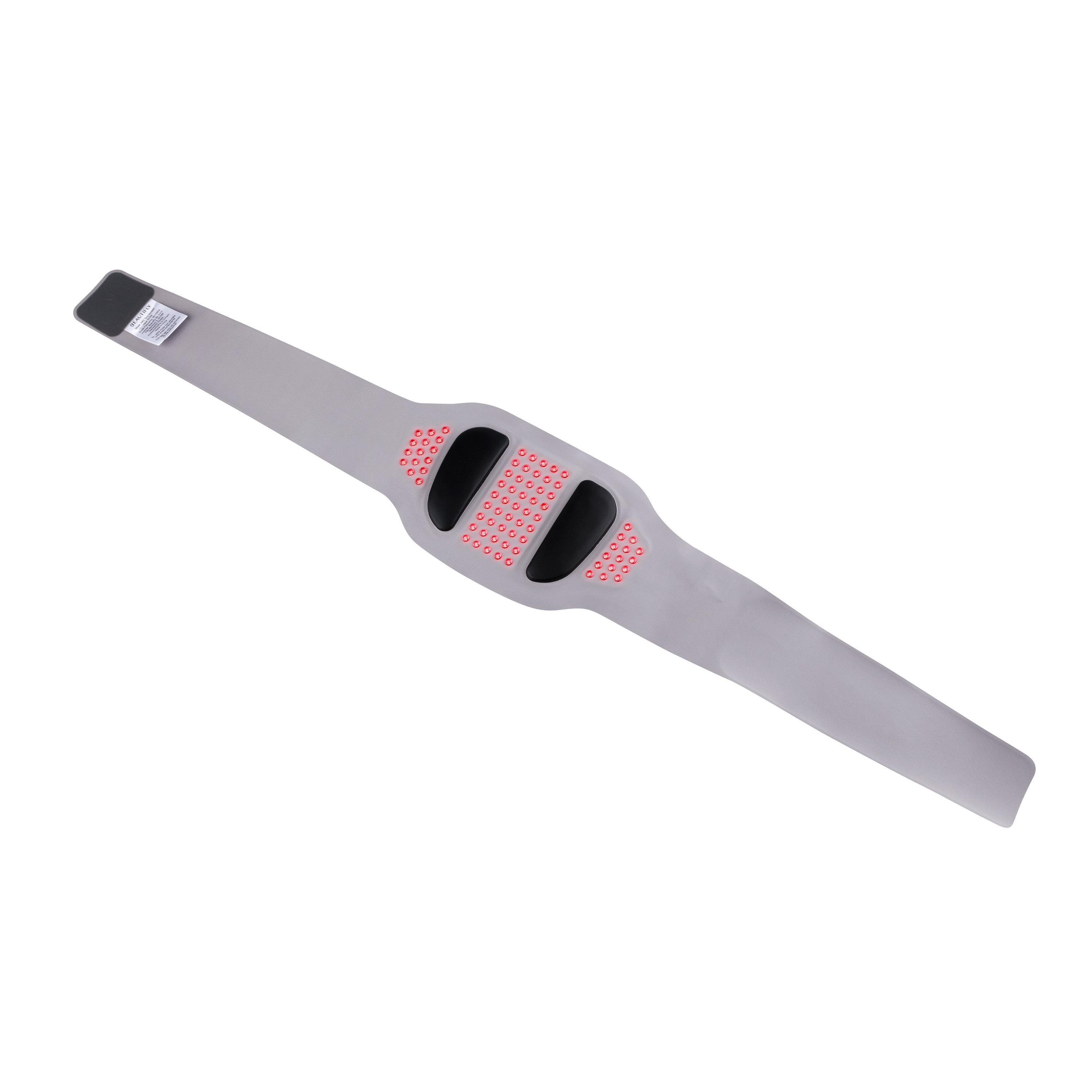Un cinturón de masaje gris con dos inserciones negras y muchas luces LED rojas pequeñas sobre fondo blanco.