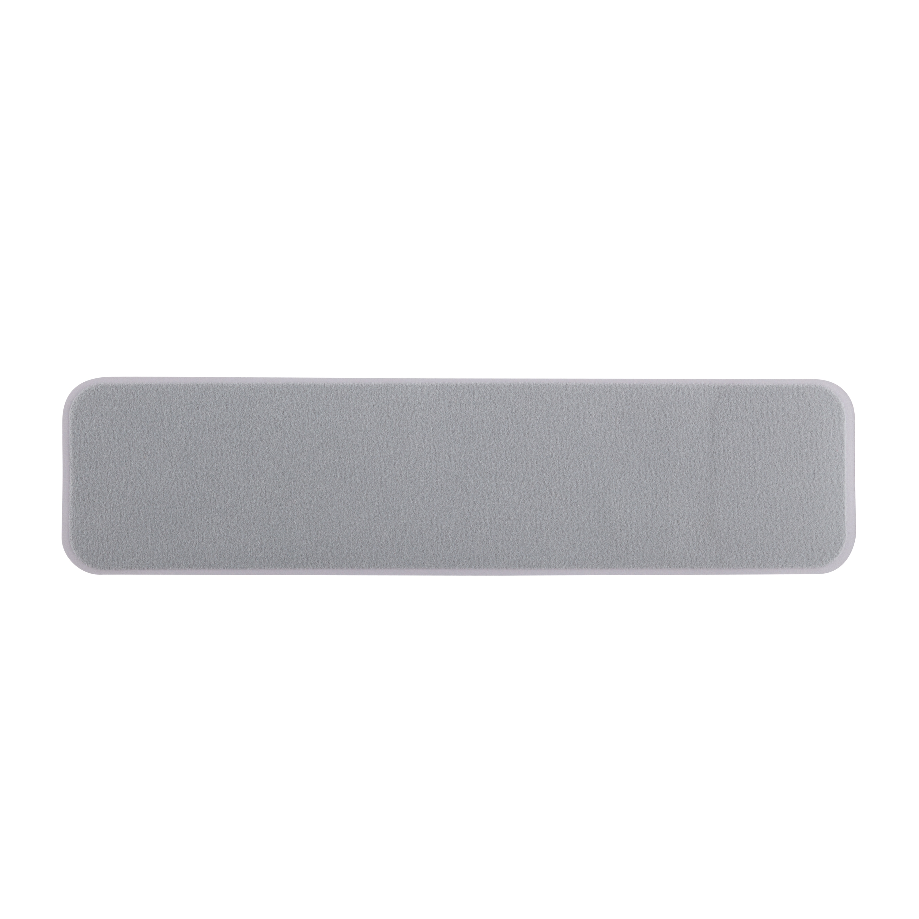 Una alfombrilla de escalera gris rectangular con esquinas redondeadas y una superficie de tela suave sobre fondo blanco.