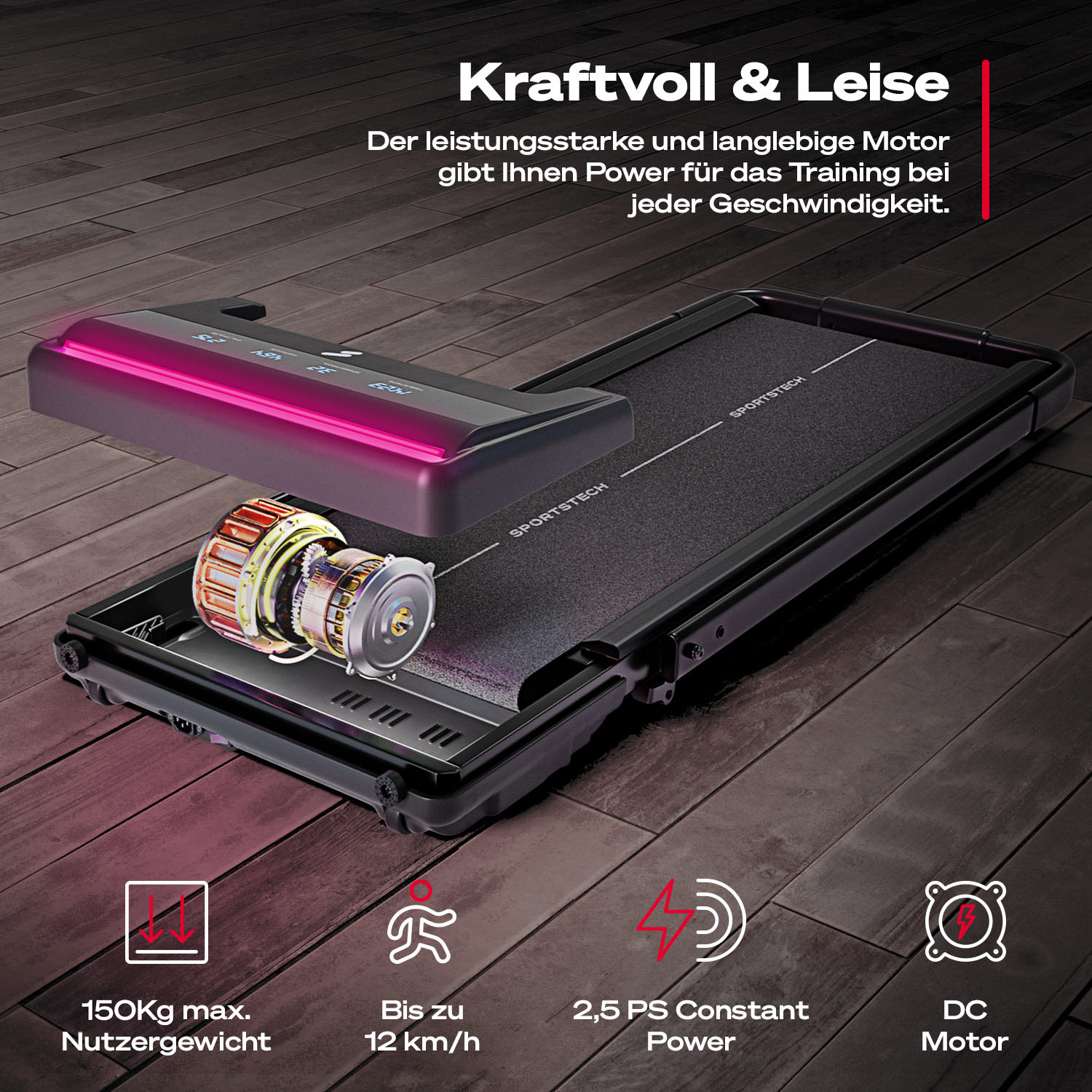 Laufband mit freiliegendem Motor, LED-Anzeige und Produktdetails auf Holzboden.