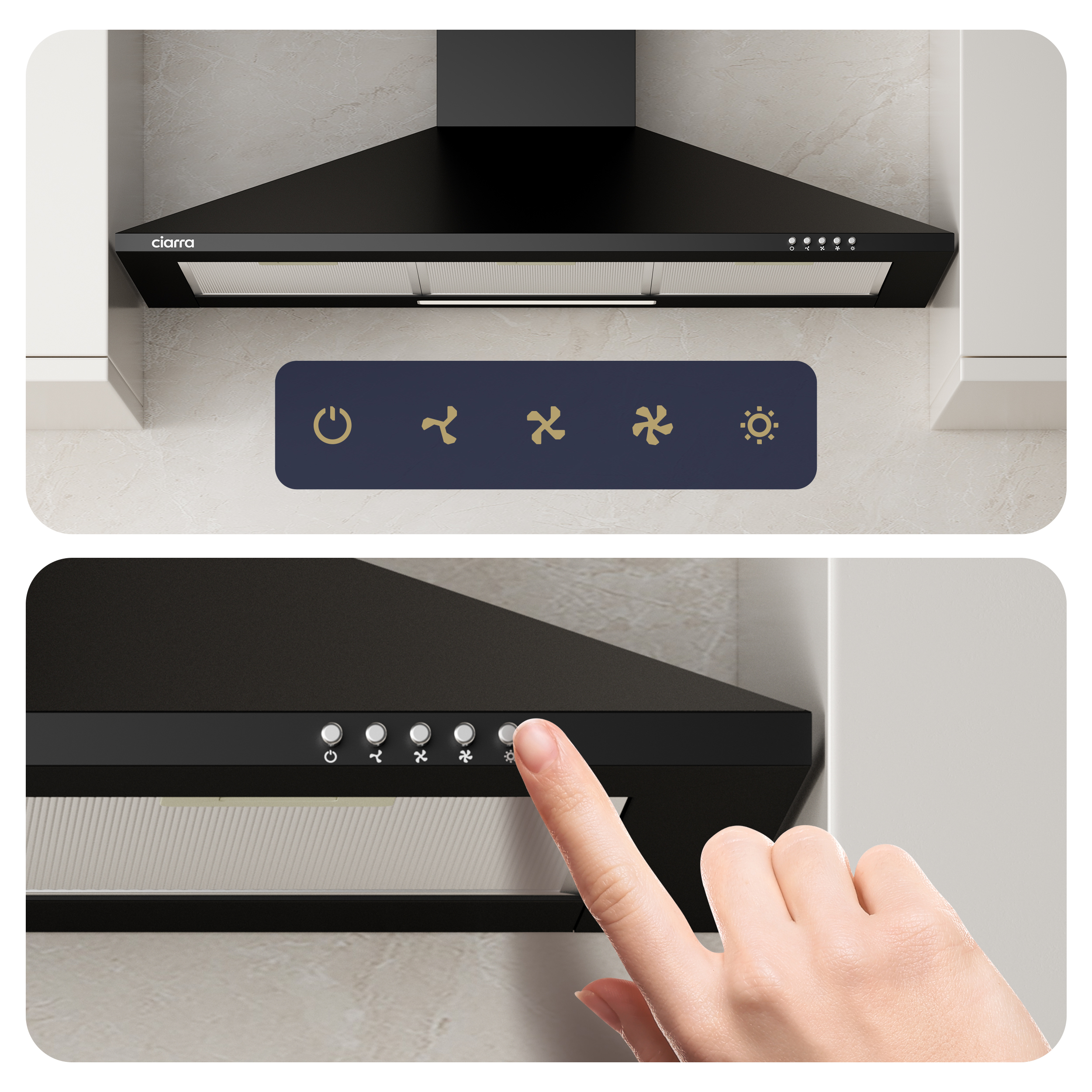 Cappa aspirante nera con pannello touch e uso delle dita.