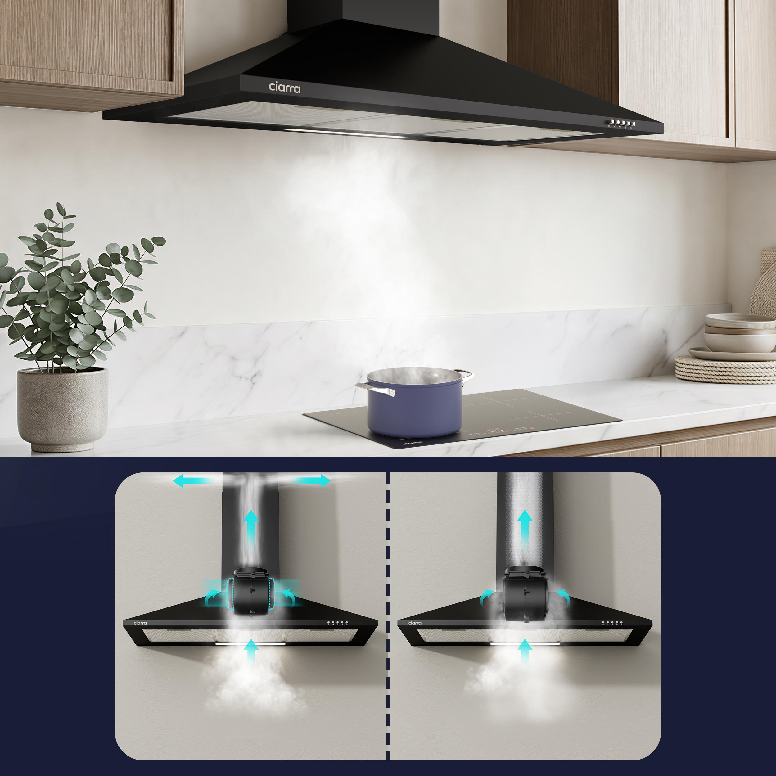 Una cappa da cucina nera sopra un piano cottura, con due diagrammi sottostanti che spiegano la circolazione dell'aria.