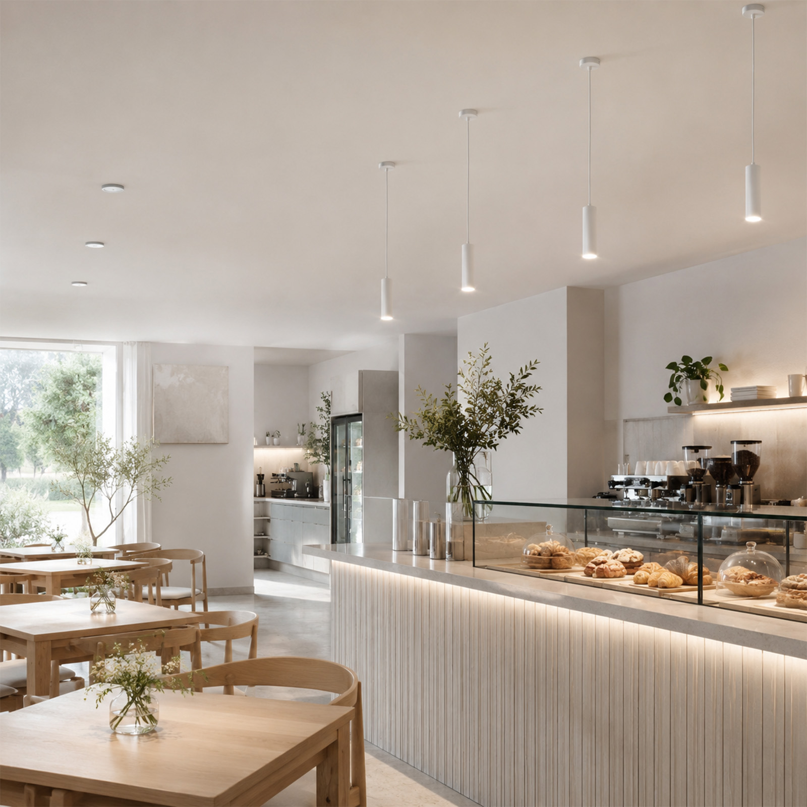 Un café luminoso y minimalista con mesas de madera, un largo mostrador iluminado y lámparas colgantes.