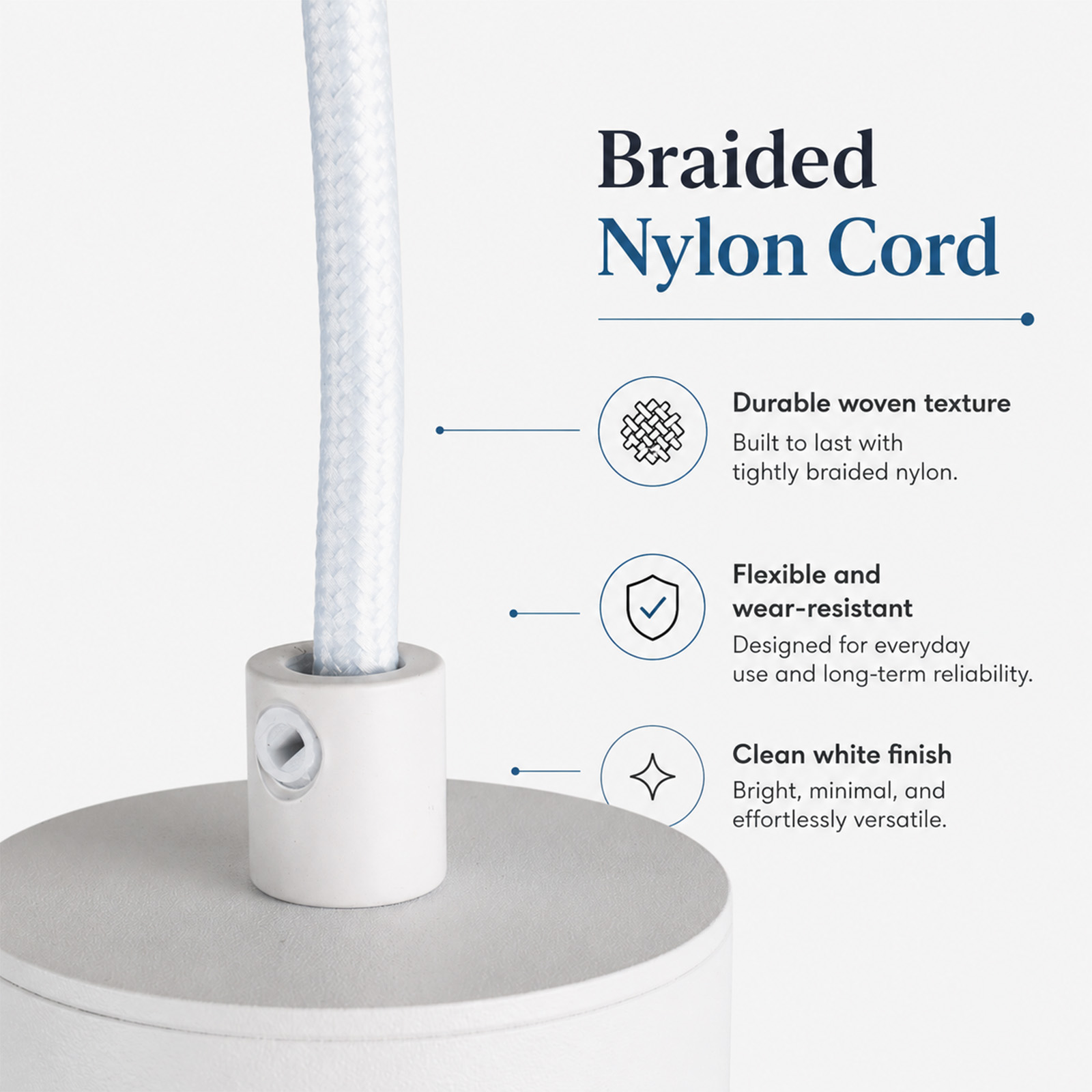 Primer plano de un cable de nailon trenzado blanco conectado a un accesorio cilíndrico con texto explicando características.