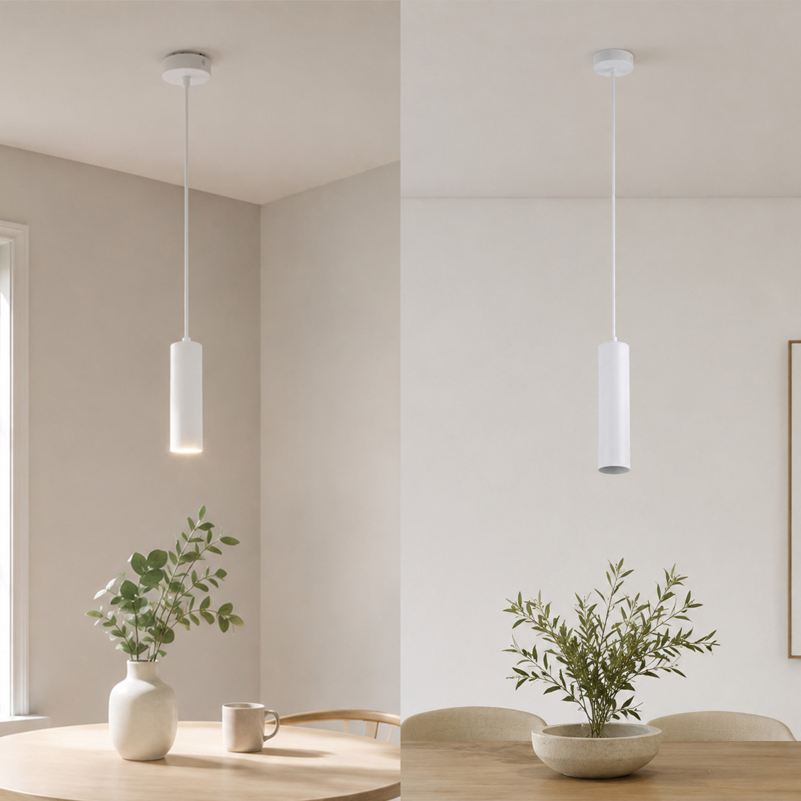 Una lámpara colgante cilíndrica blanca cuelga sobre una mesa de madera con plantas.
