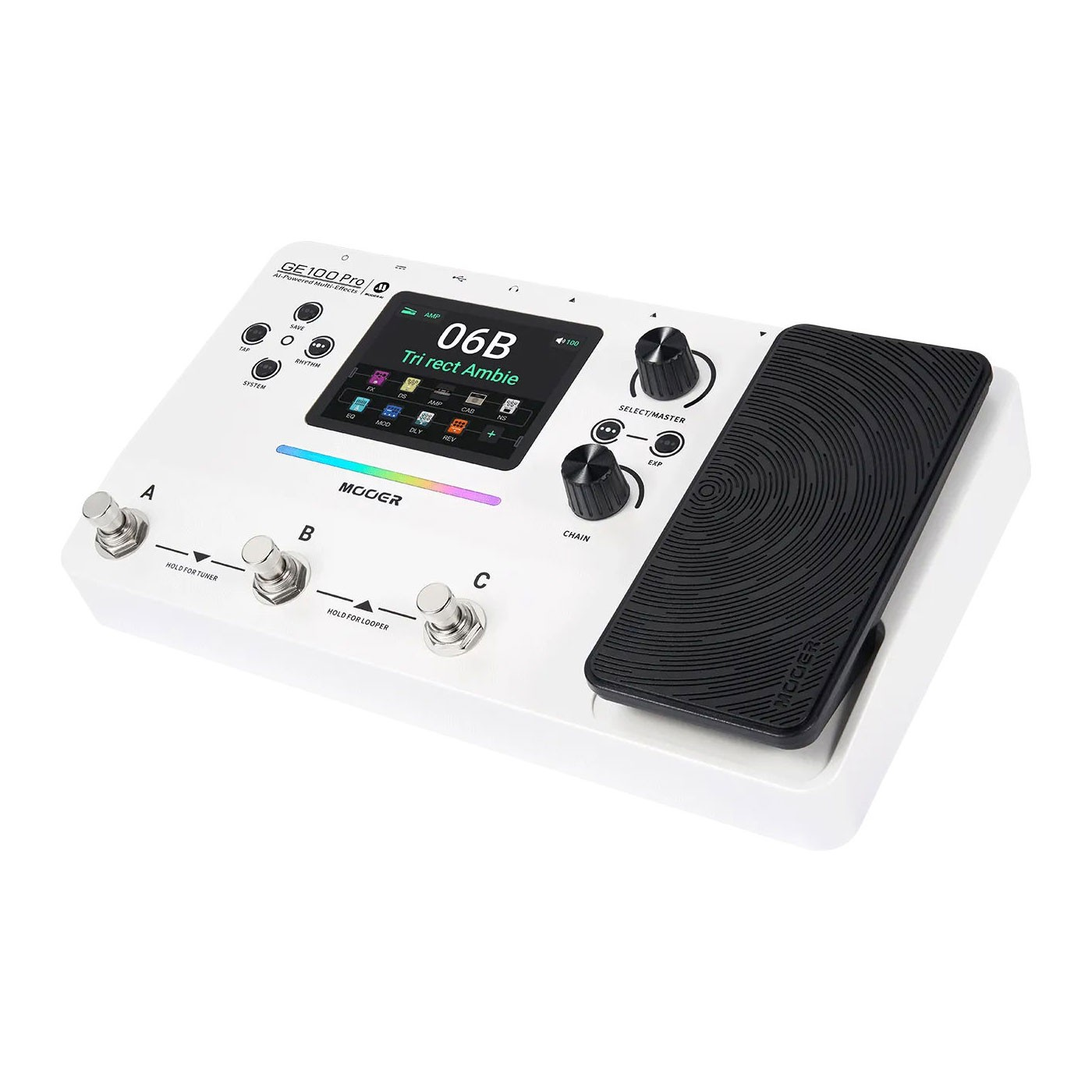 Ekranlı, düğmeli, üç footswitch'li ve expression pedalına sahip beyaz bir çoklu efekt gitar pedalı.