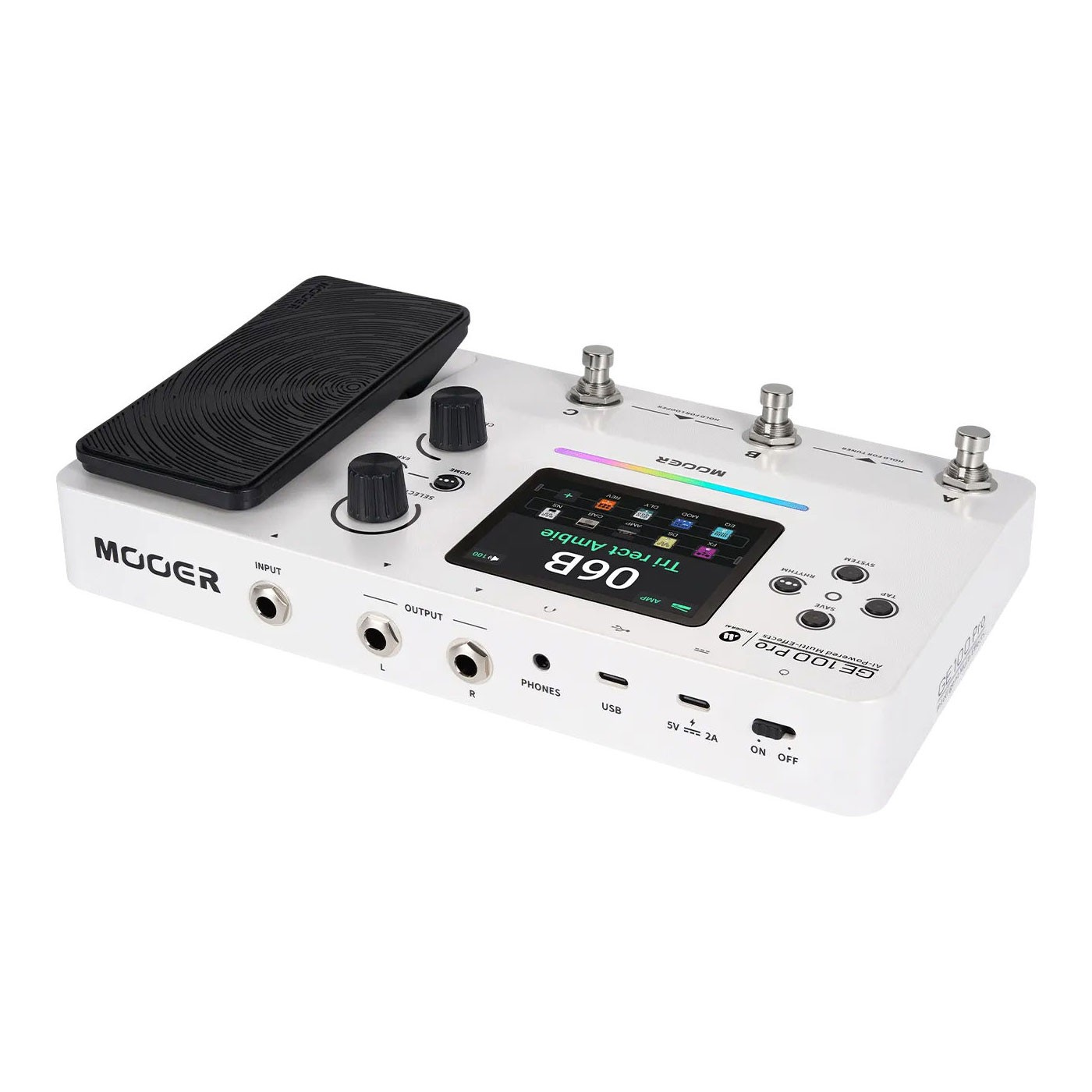 Ekranlı, footswitch'li ve dahili expression pedalına sahip beyaz Mooer GE100 Pro çoklu efekt gitar pedalı.