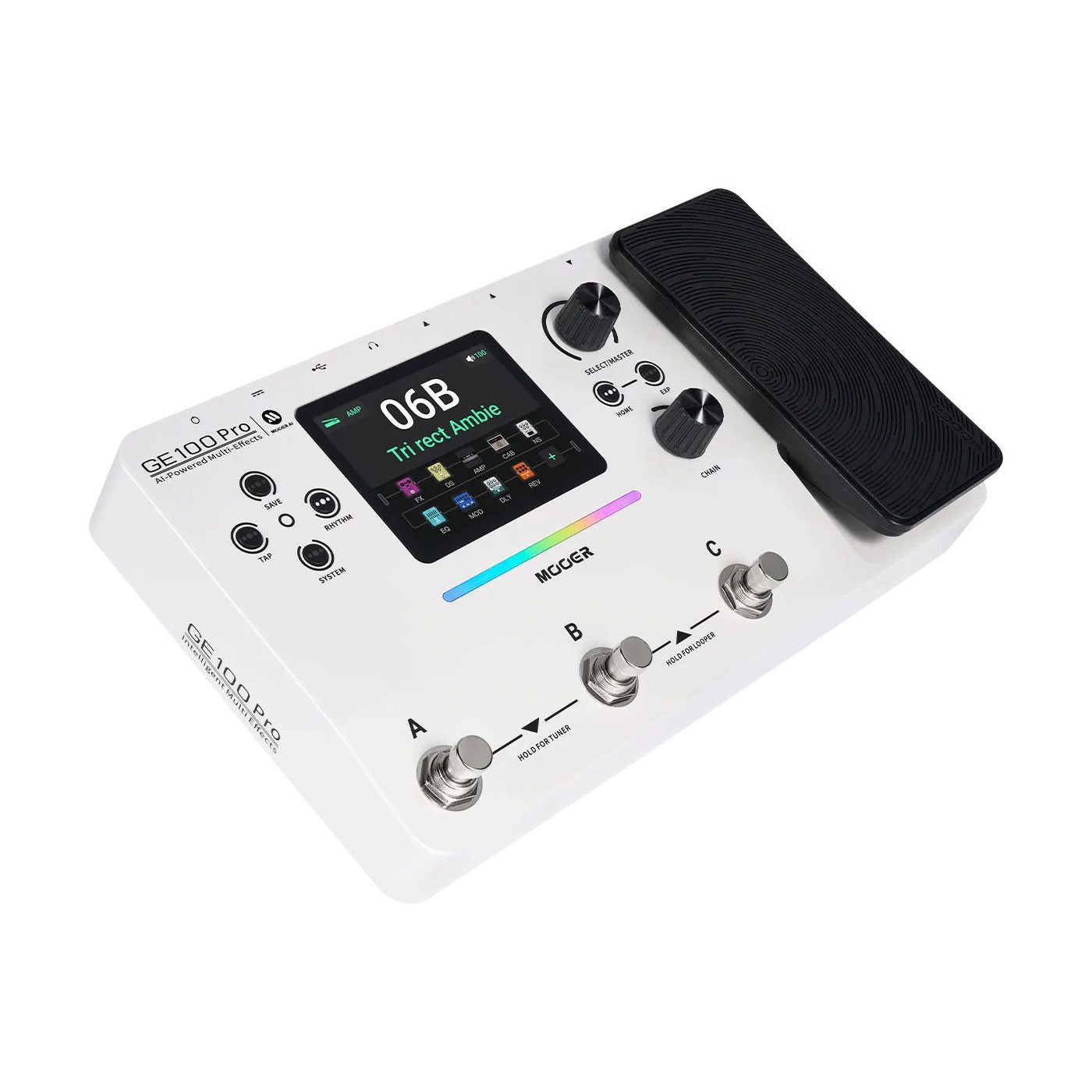 Ekran, düğmeler, footswitch'ler ve bir expression pedalına sahip beyaz GE100 Pro çoklu efekt gitar pedalı.
