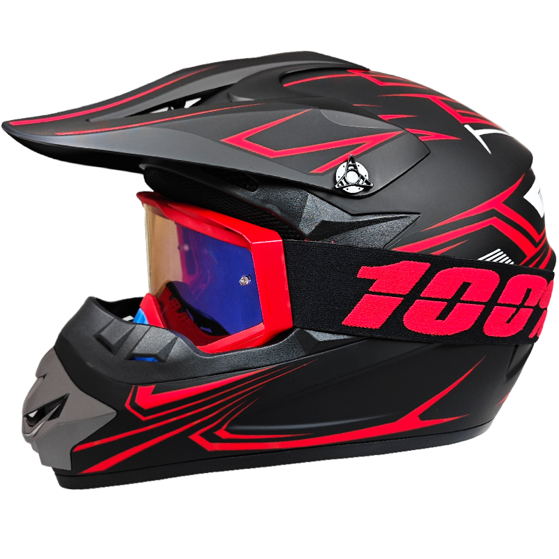 Casco de motocross negro con detalles rojos y gafas rojas.