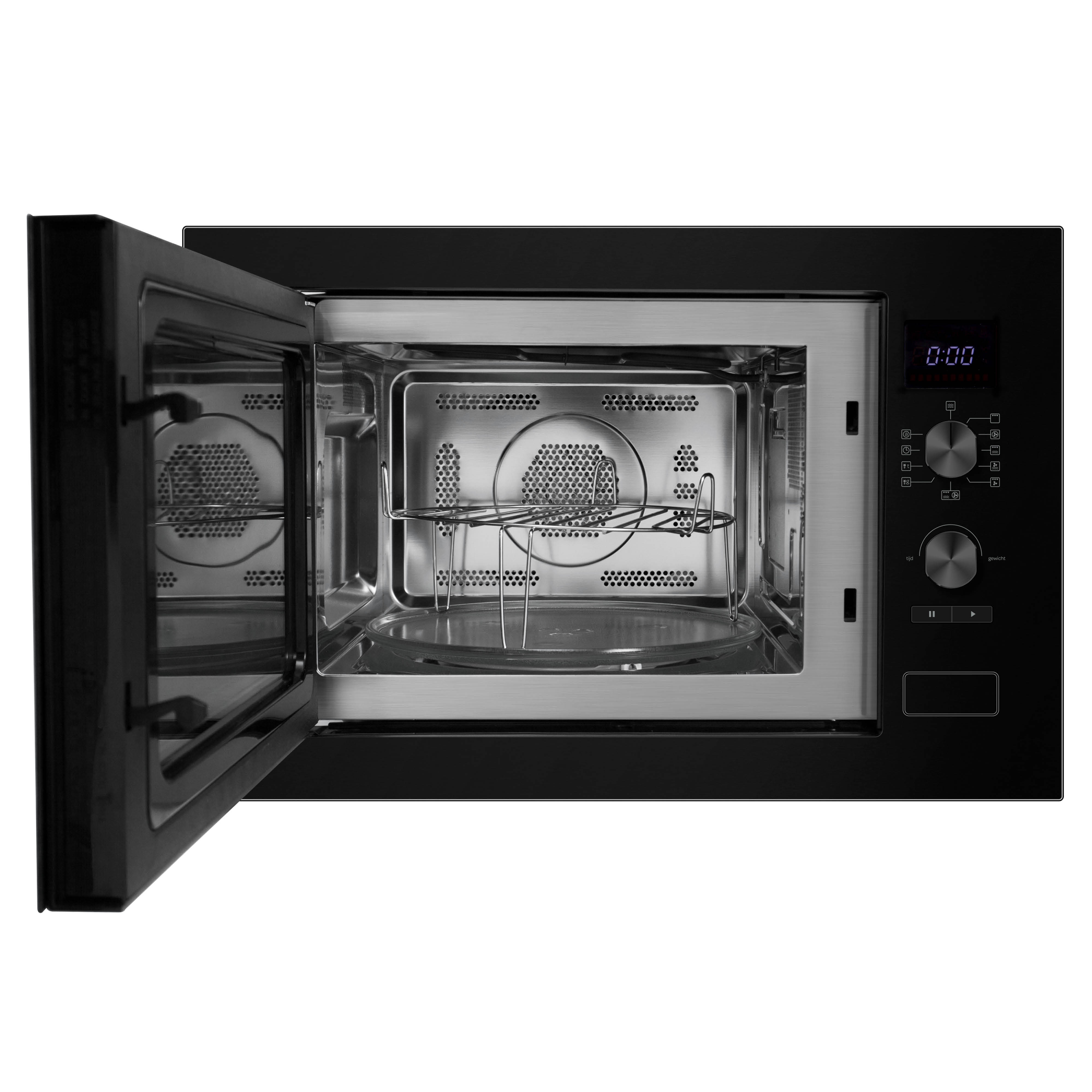 Un micro-ondes encastrable noir avec une porte ouverte, un intérieur en inox et une grille.