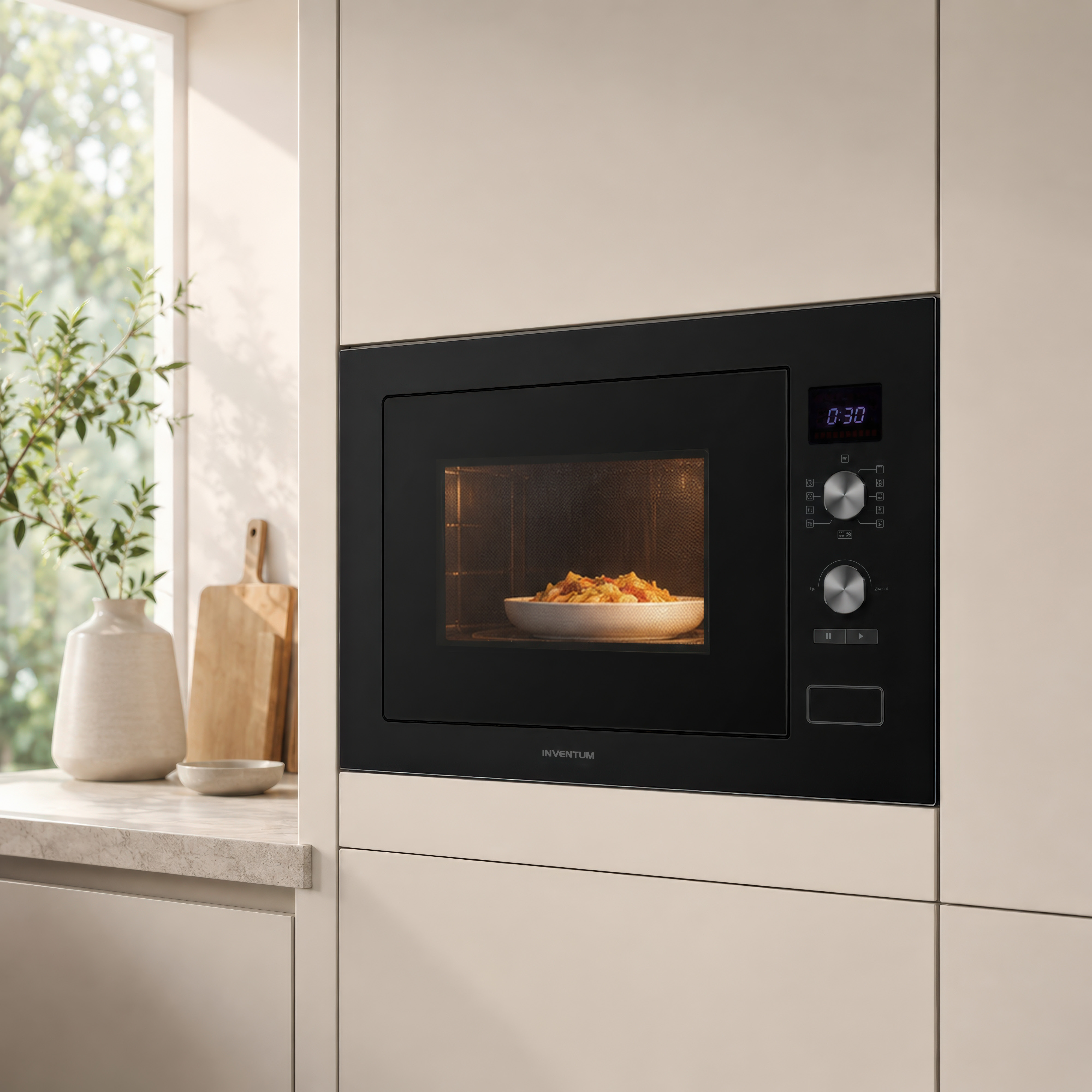 Four à micro-ondes noir encastré dans une cuisine moderne avec un plat de pâtes à l'intérieur.