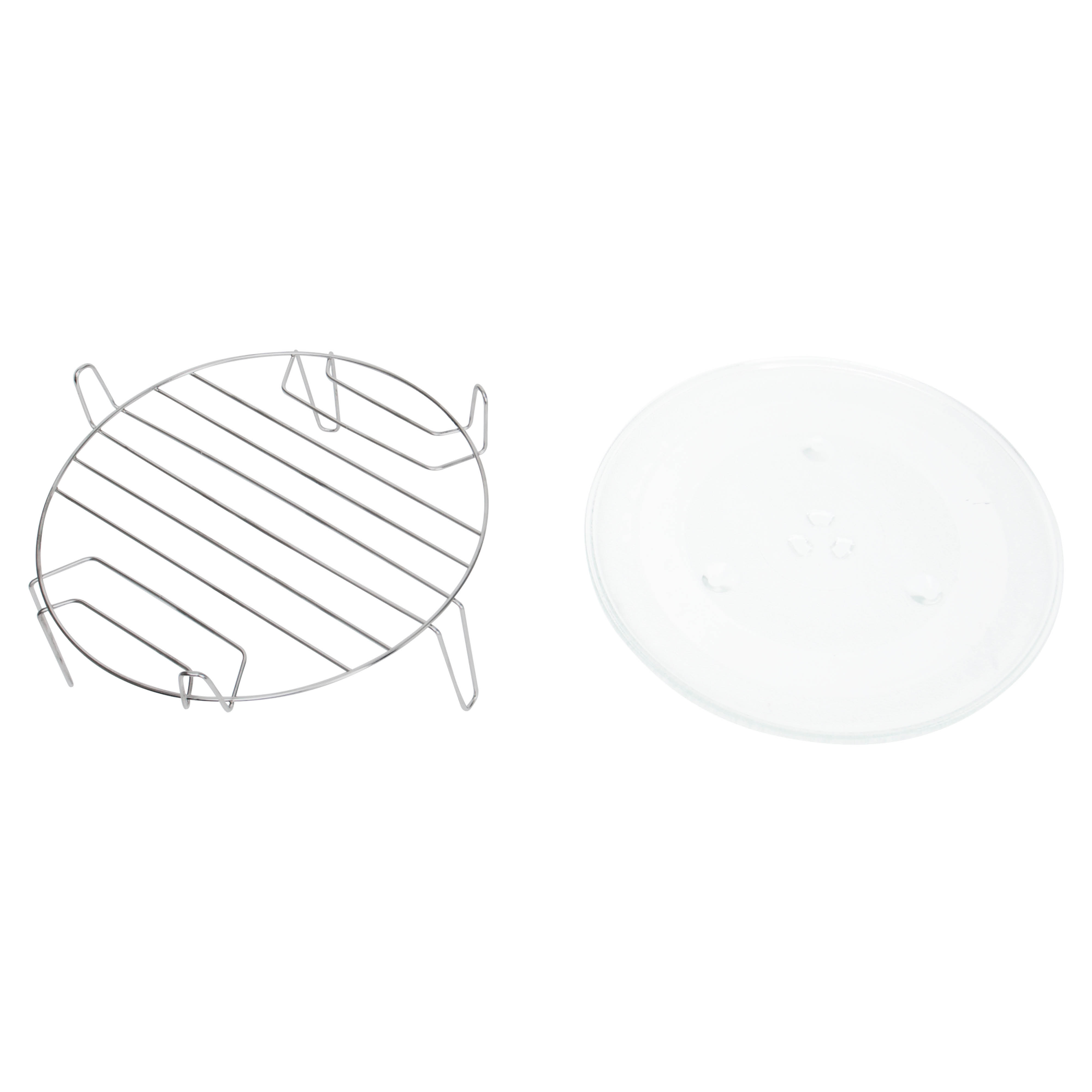 Une grille de cuisson en métal argenté et une plaque de verre ronde sur fond blanc.