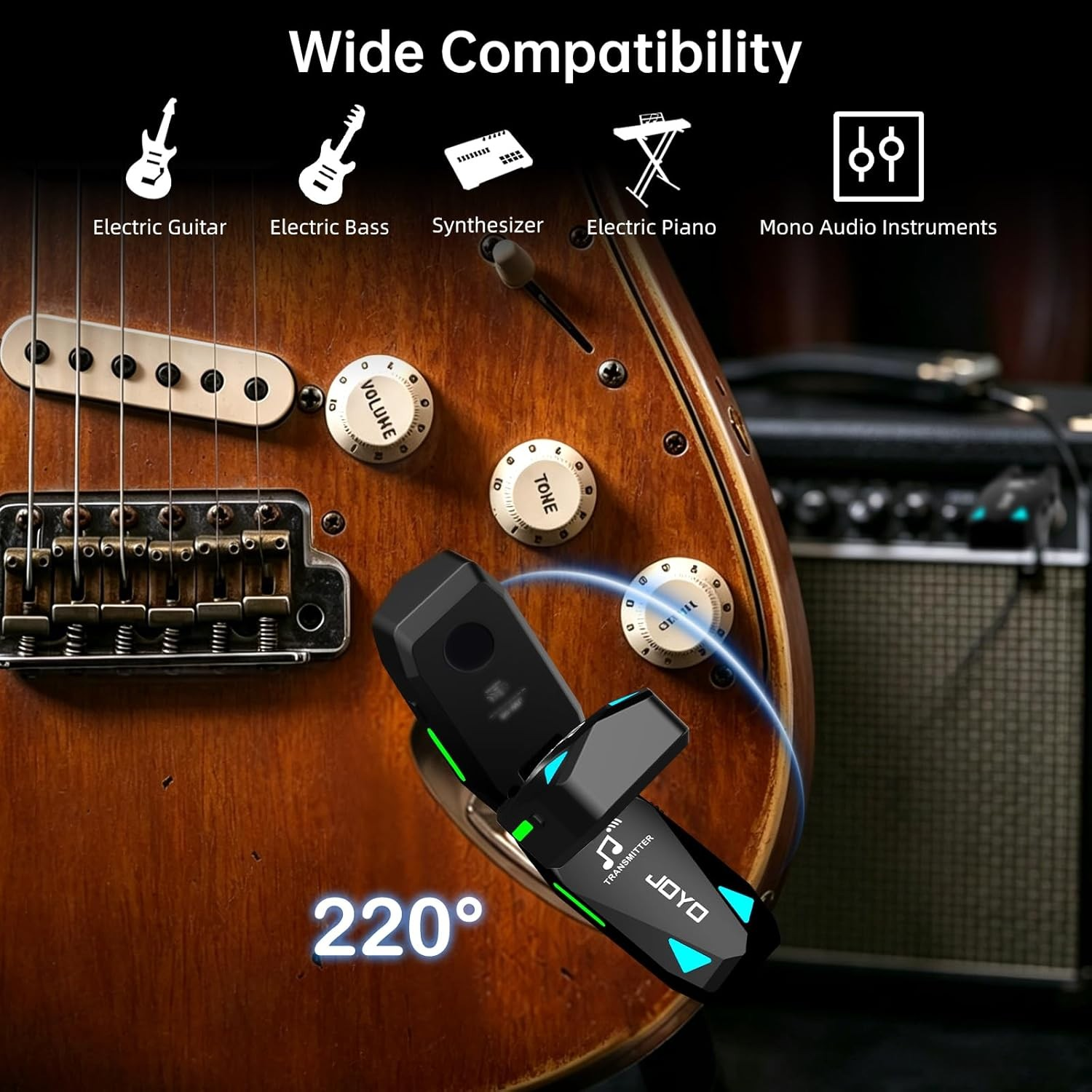 Taşınabilir bir kablosuz verici, uyumluluk simgeleriyle birlikte bir elektro gitara takılıdır.