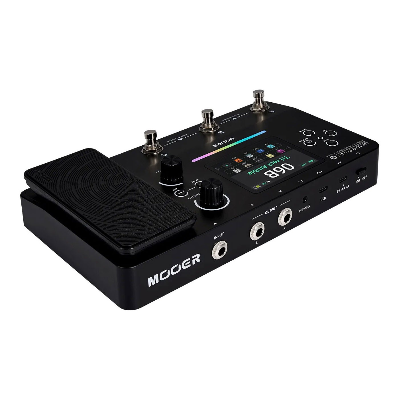 Yerleşik expression pedalı, LCD ekranı, kontrol düğmeleri ve ayak switchleri olan siyah Mooer gitar efekt pedalı.
