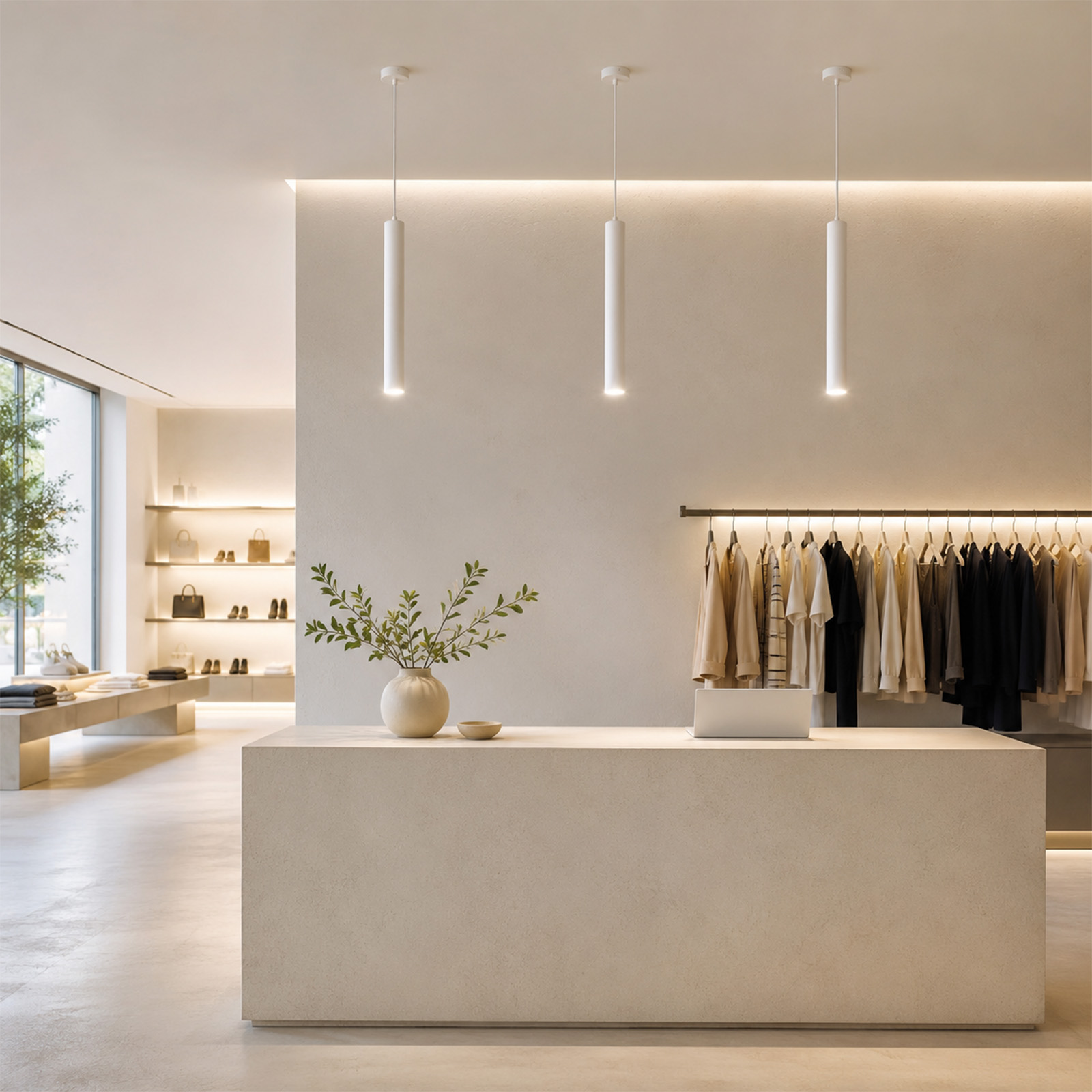 Interior de boutique moderno con mostrador claro, planta en jarrón, tres lámparas colgantes y percheros.