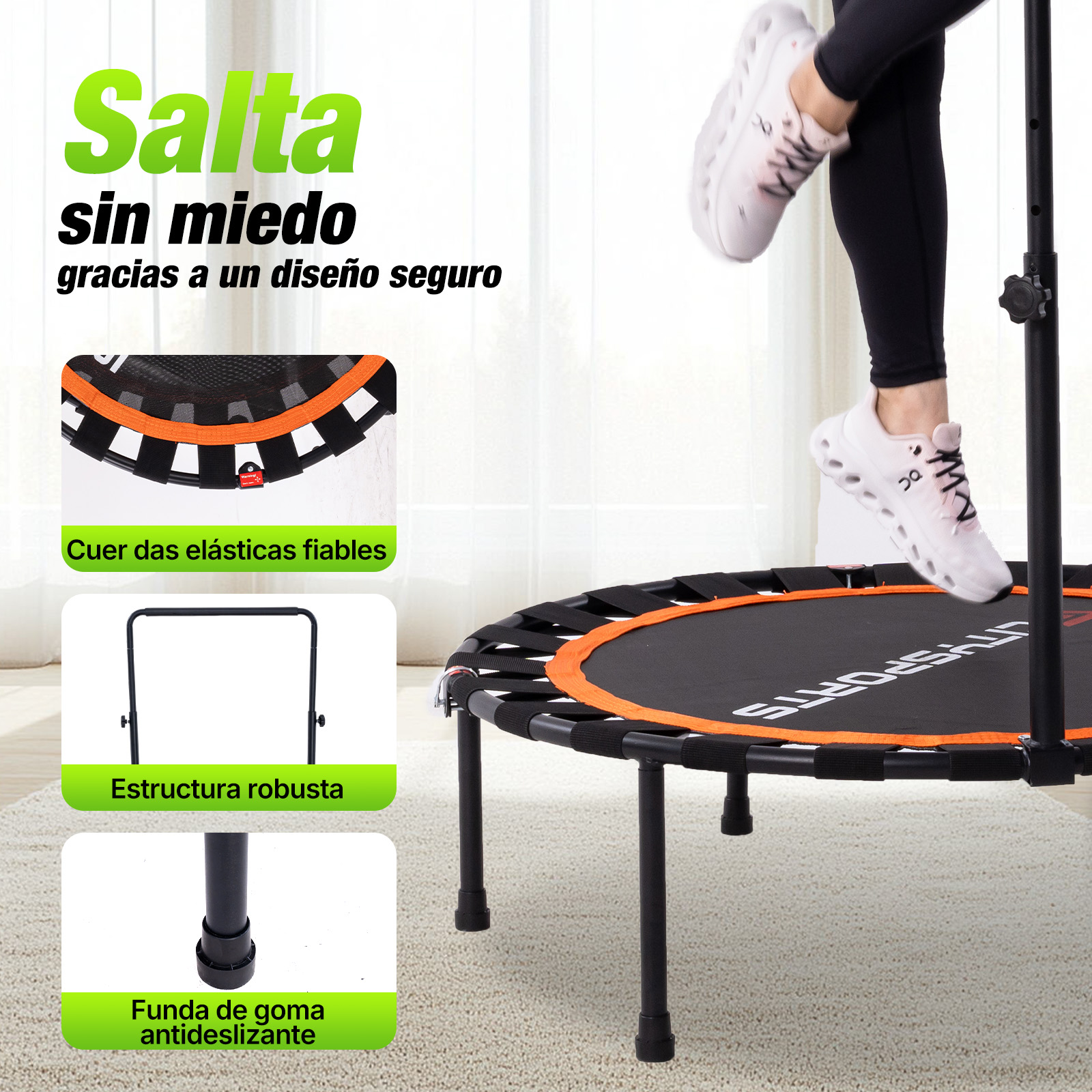 Persona saltando en un trampolín de fitness negro y naranja, con detalles de bandas elásticas, estructura y patas.