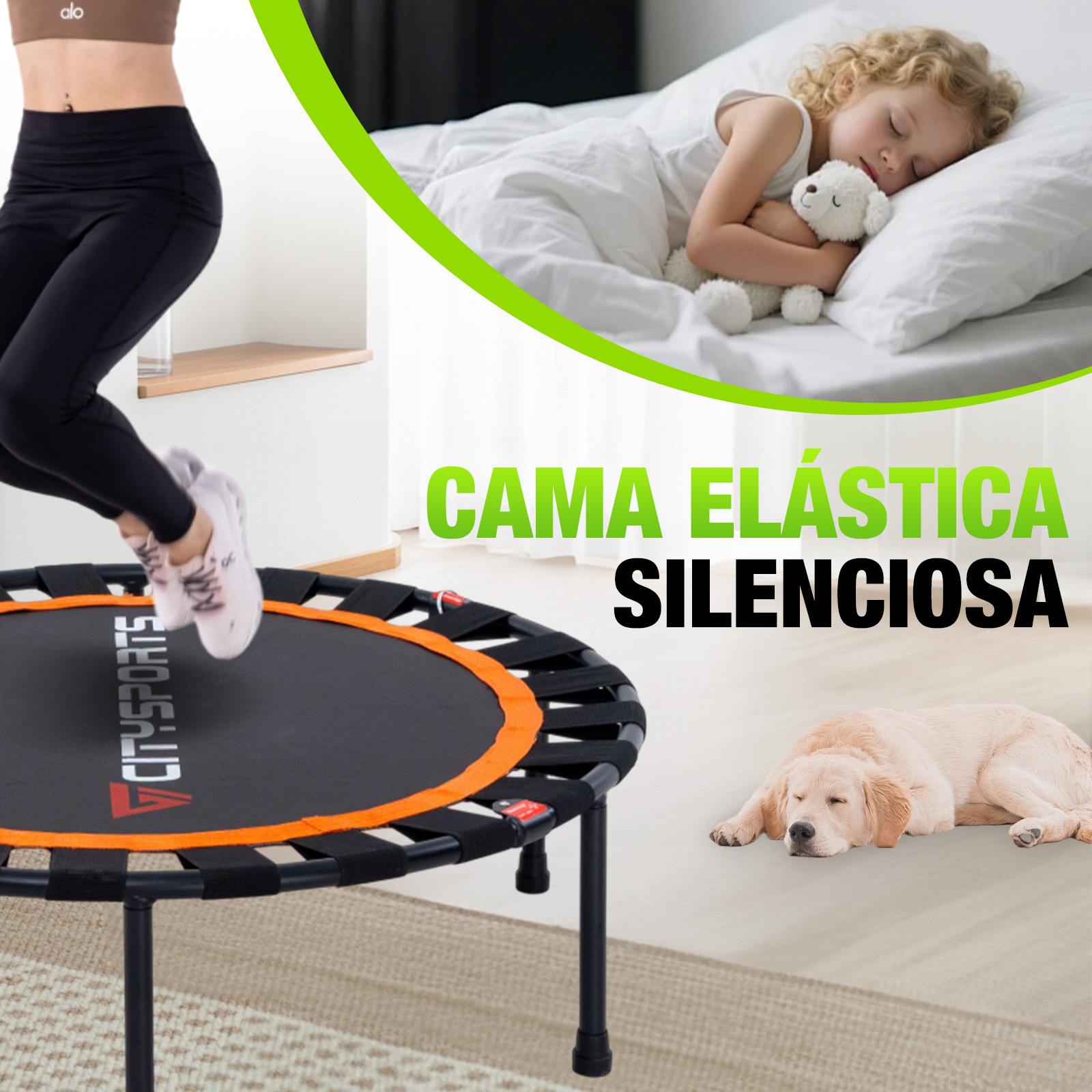 Una persona salta en un mini trampolín mientras un niño y un perro duermen cerca, con texto 'CAMA ELÁSTICA SILENCIOSA'.