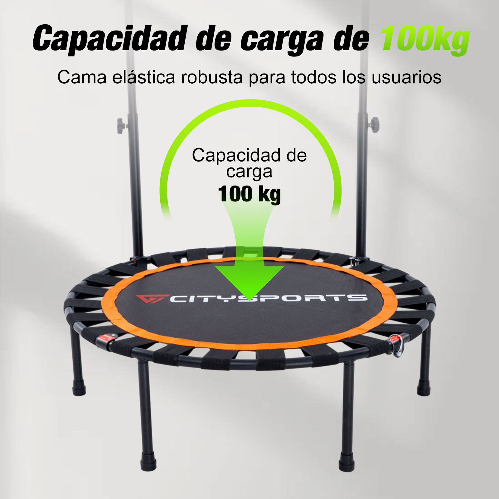 Un mini trampolín Citysports con marco negro y borde naranja, capacidad de carga de 100 kg.