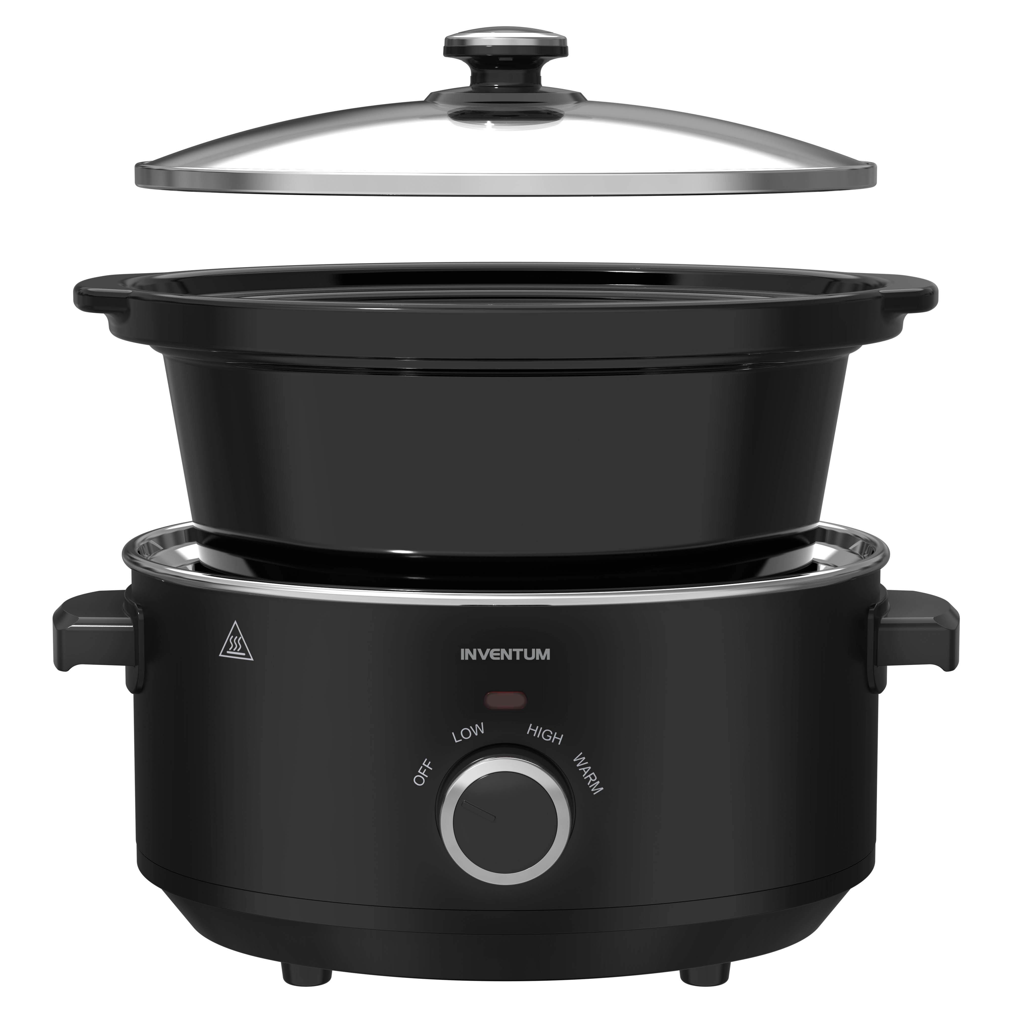 Cocotte noire avec couvercle en verre au-dessus, logo Inventum et sélecteur Off, Bas, Haut, Chaud.