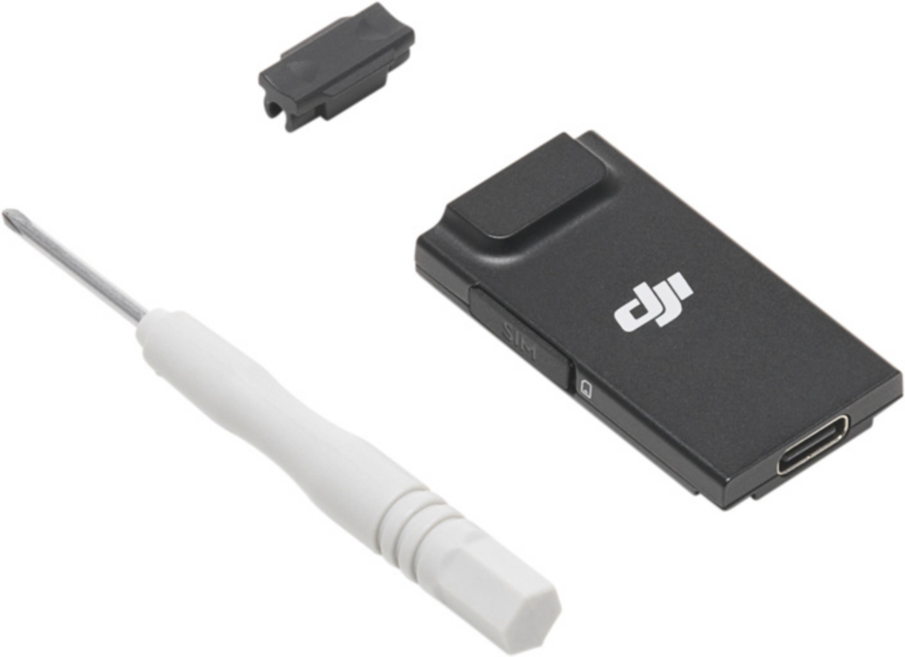 Un dongle cellulare DJI nero, una piccola clip nera e un cacciavite bianco su sfondo bianco.
