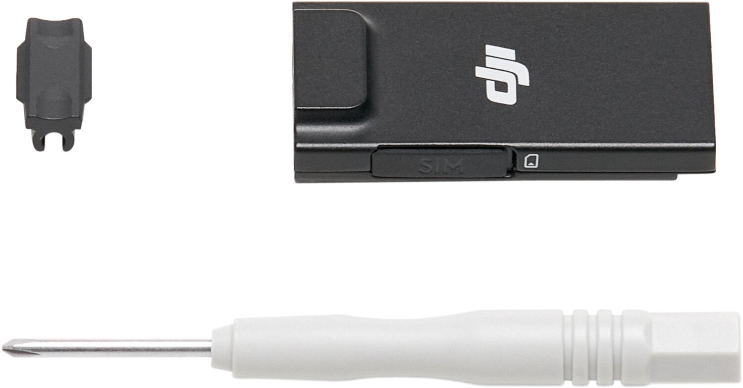 Un pezzo DJI, un piccolo supporto nero e un cacciavite grigio su sfondo bianco.