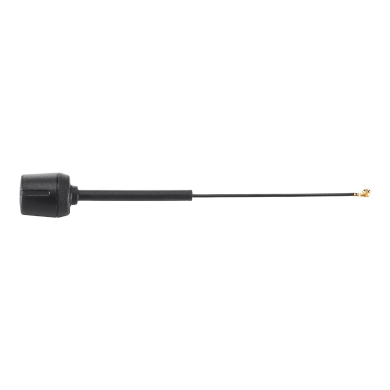 Un'antenna nera con connettore e cavo su sfondo bianco.