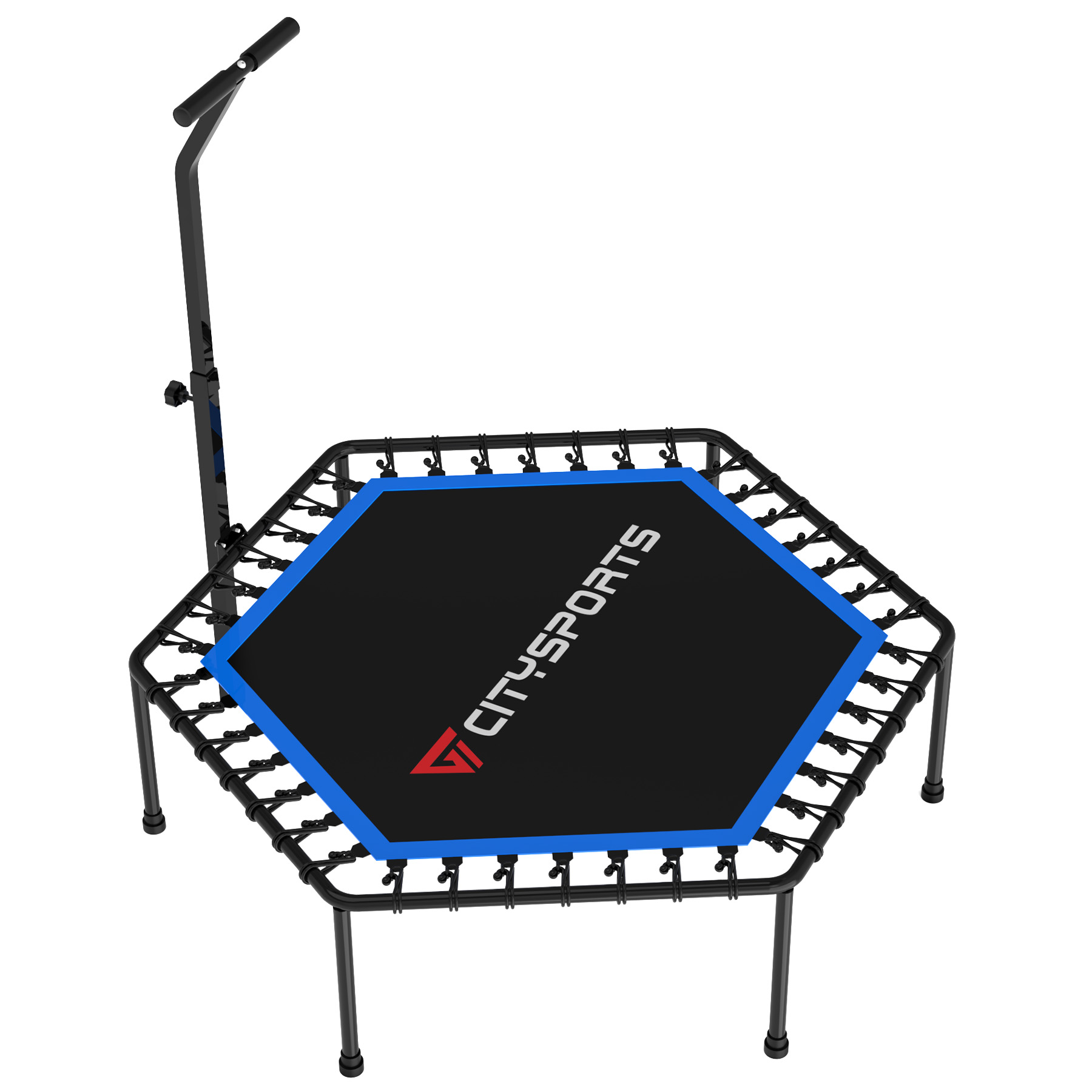 Trampolino fitness esagonale nero e blu con maniglia e logo Citysports su sfondo bianco.