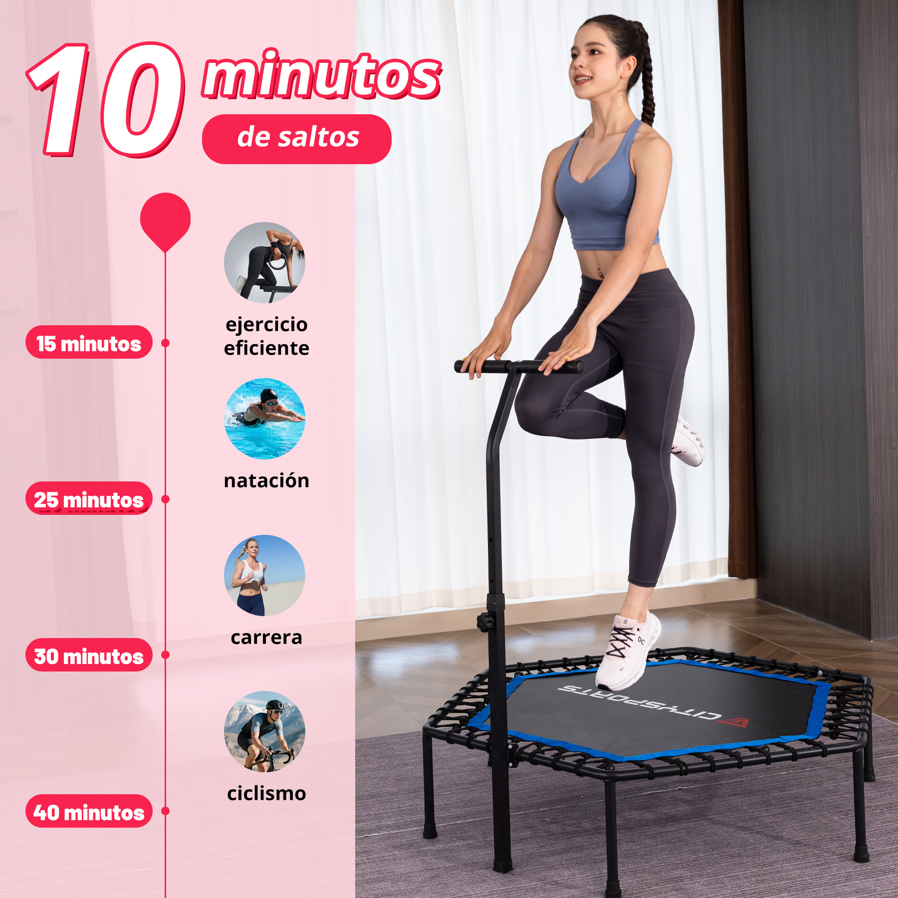 Una mujer en ropa deportiva hace ejercicio en un minitrampolín azul con manillar. A la izquierda, infografía de tiempos.