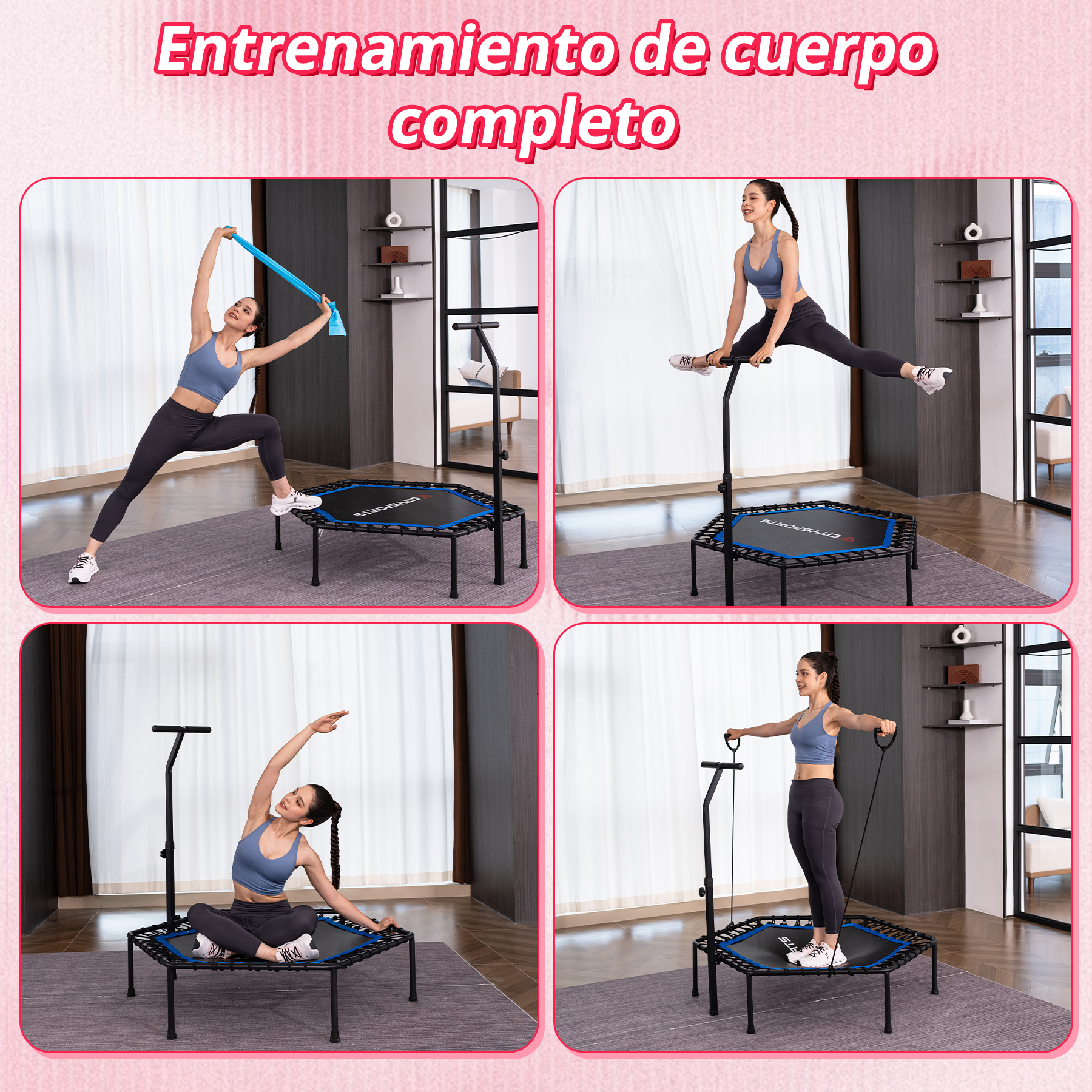 Cuatro imágenes muestran a una mujer entrenando en un minitrampolín.