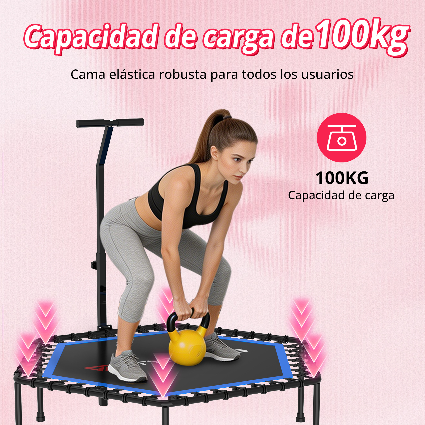 Una mujer sostiene una pesa rusa amarilla en un pequeño trampolín con manillar.
