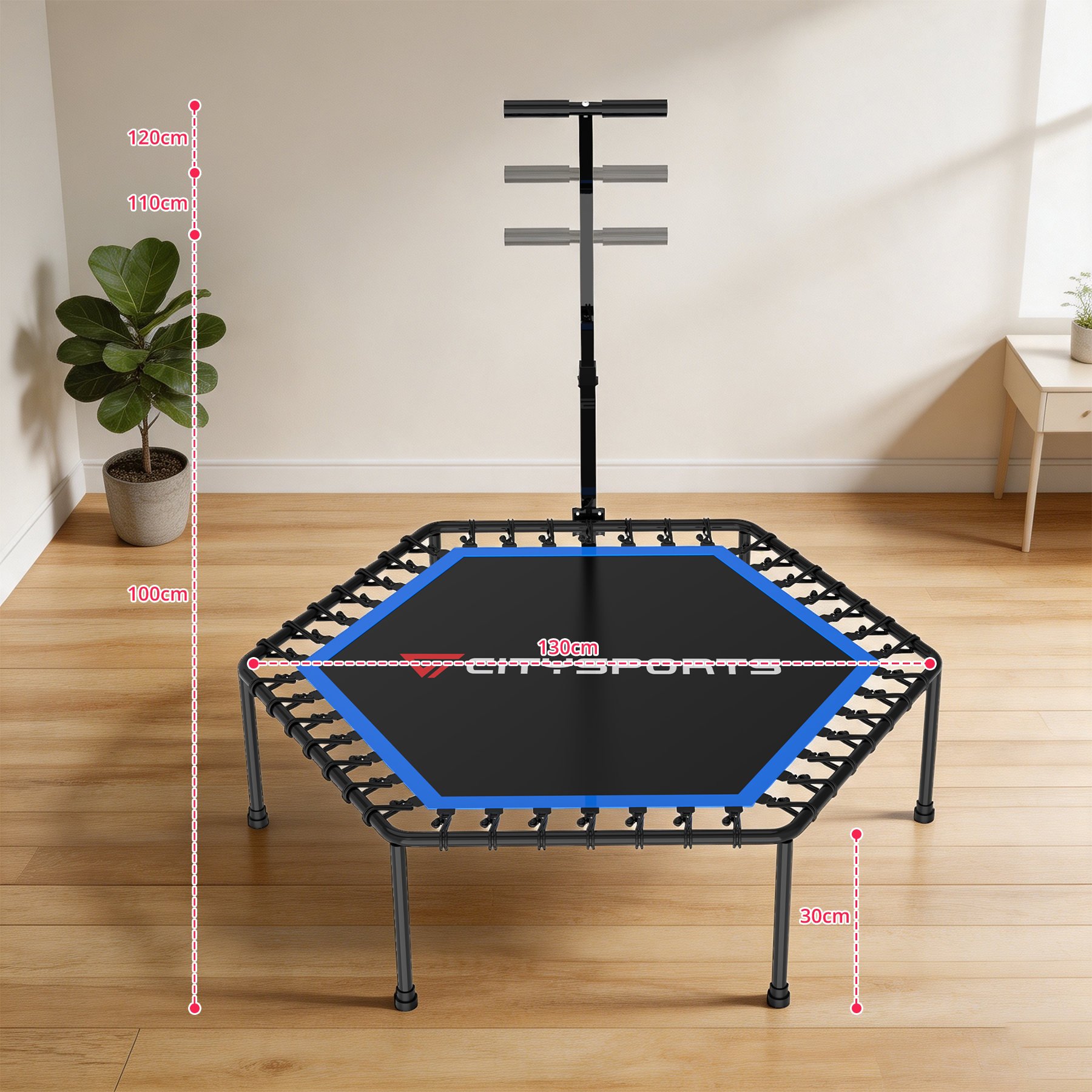 Un trampolino fitness esagonale con manubrio regolabile e dimensioni su un pavimento in legno.