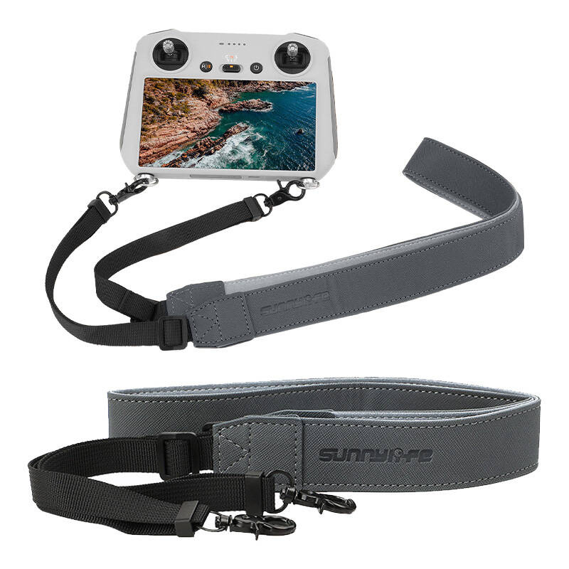 Tracolla grigia per radiocomando drone con clip e logo stampato.