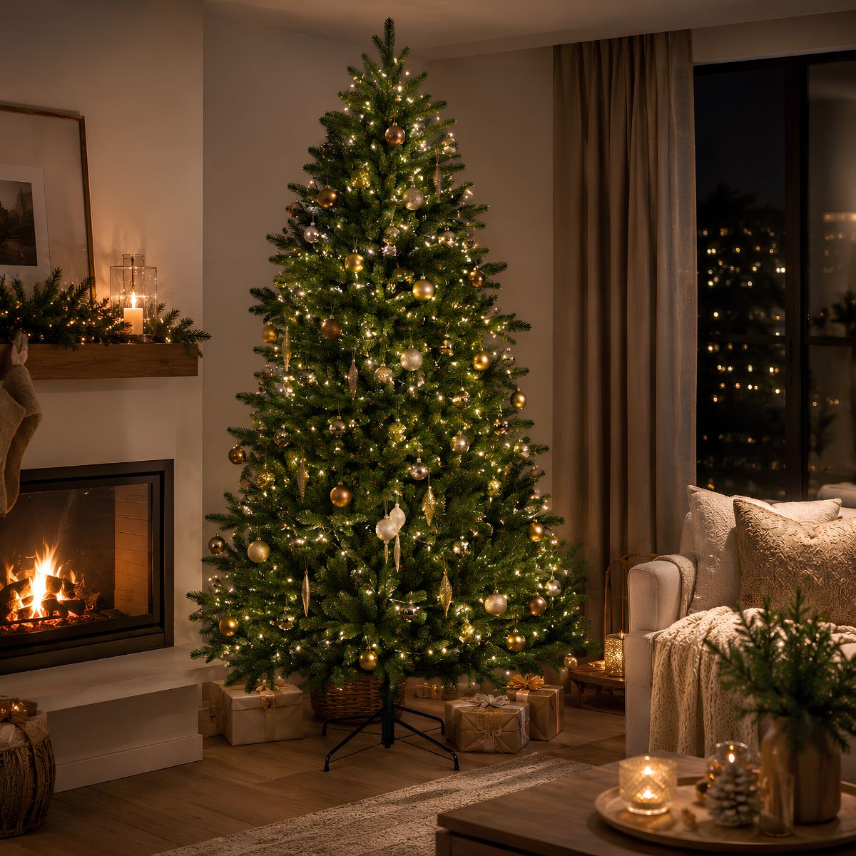 A decorated Christmas tree with lights and baubles stands in a cozy living room with a fireplace and sofa.