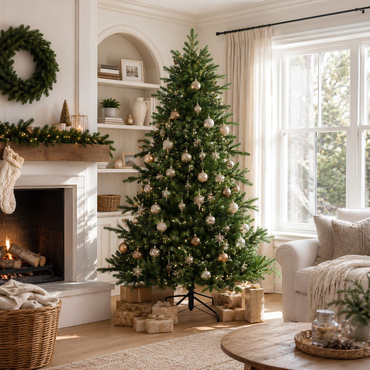 A decorated Christmas tree stands in a bright living room with a fireplace, wrapped gifts, and armchairs.