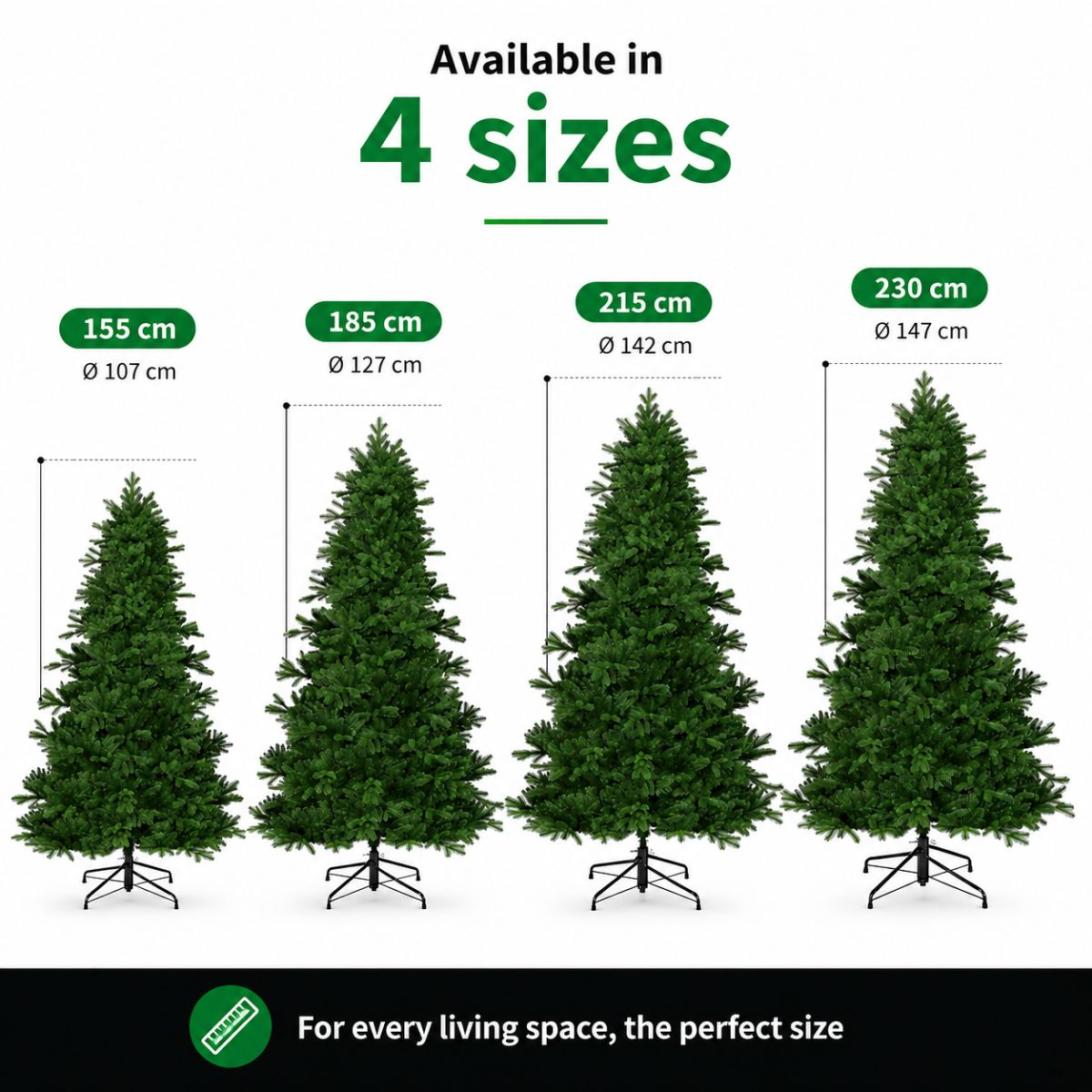 Four artificial Christmas trees in different sizes from 155 to 230 cm on a white background.